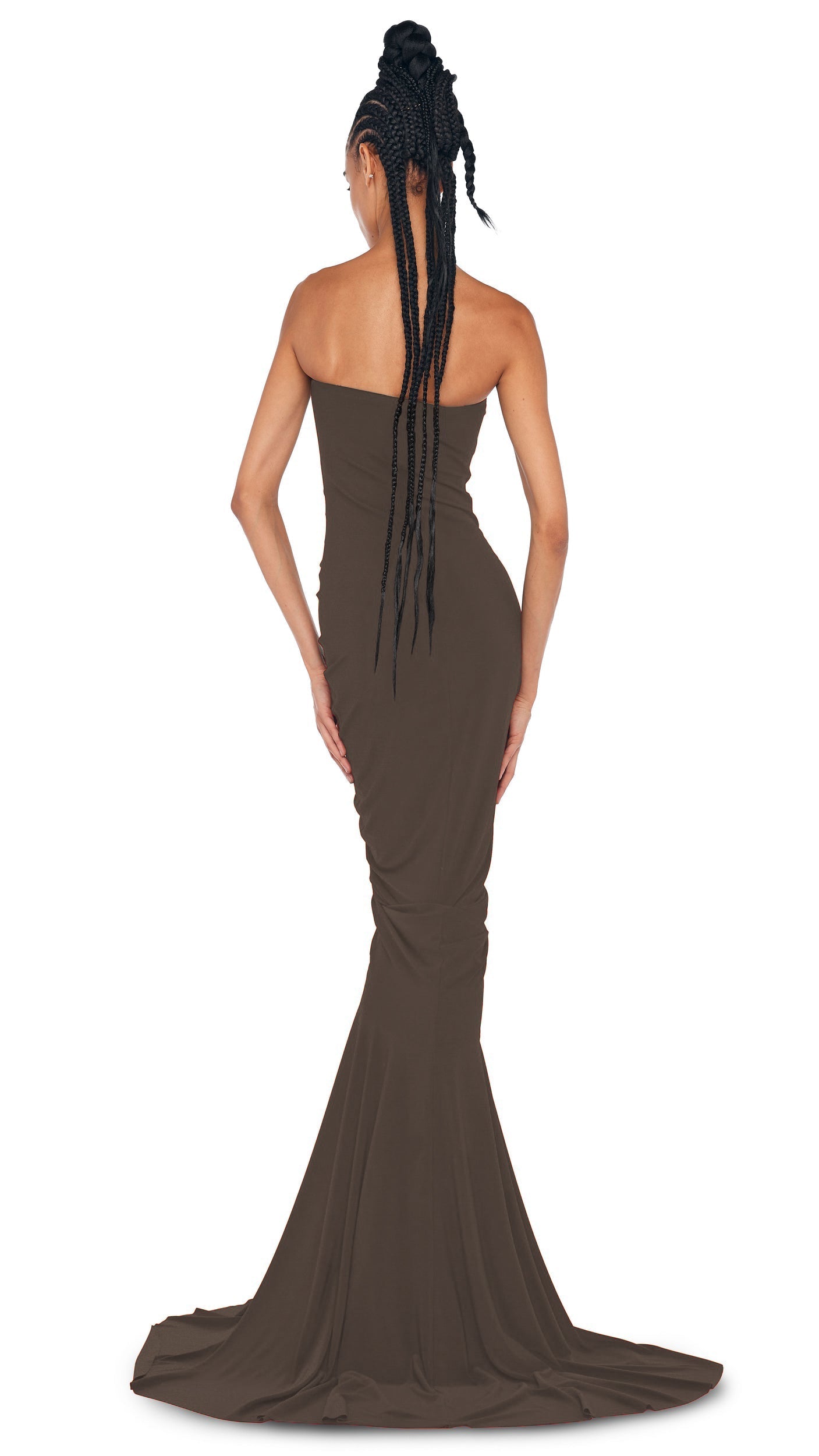 STRAPLESS SHIRRED FRONT FISHTAIL GOWN Espresso | Norma Kamali Women