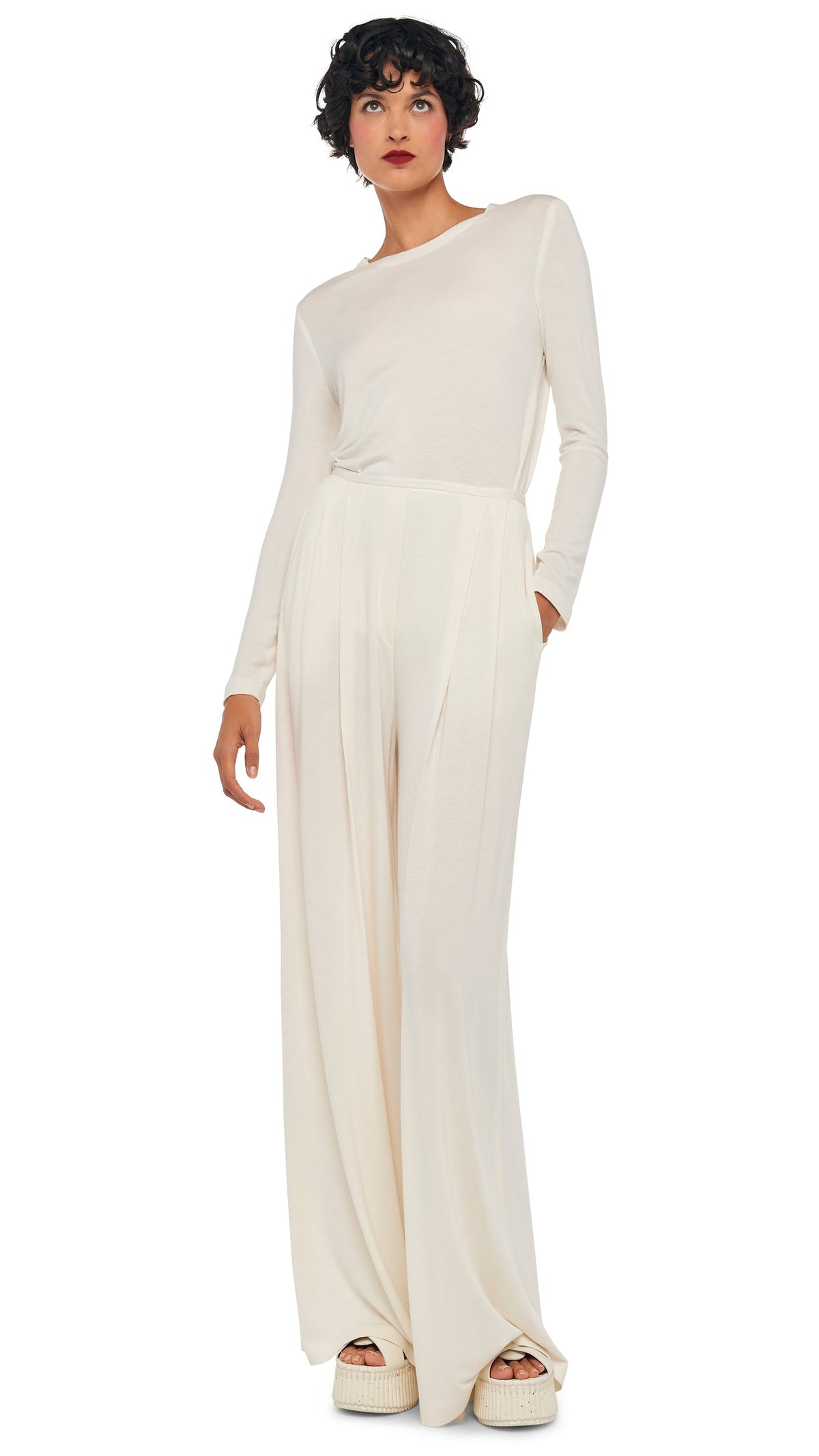 LONG SLEEVE CREW TOP Cream | Norma Kamali Women