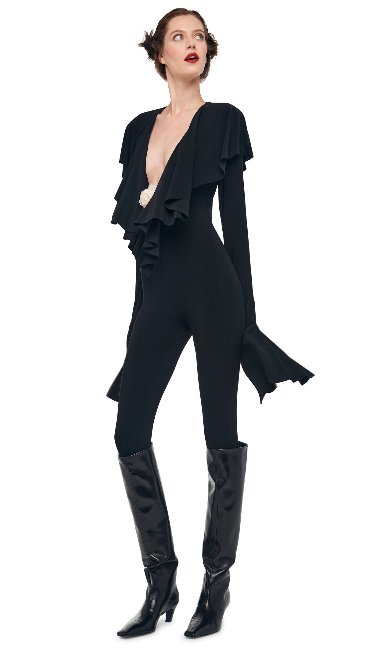 LS DEEP V RUFFLE CATSUIT W/ FOOTIE Black | Norma Kamali Women