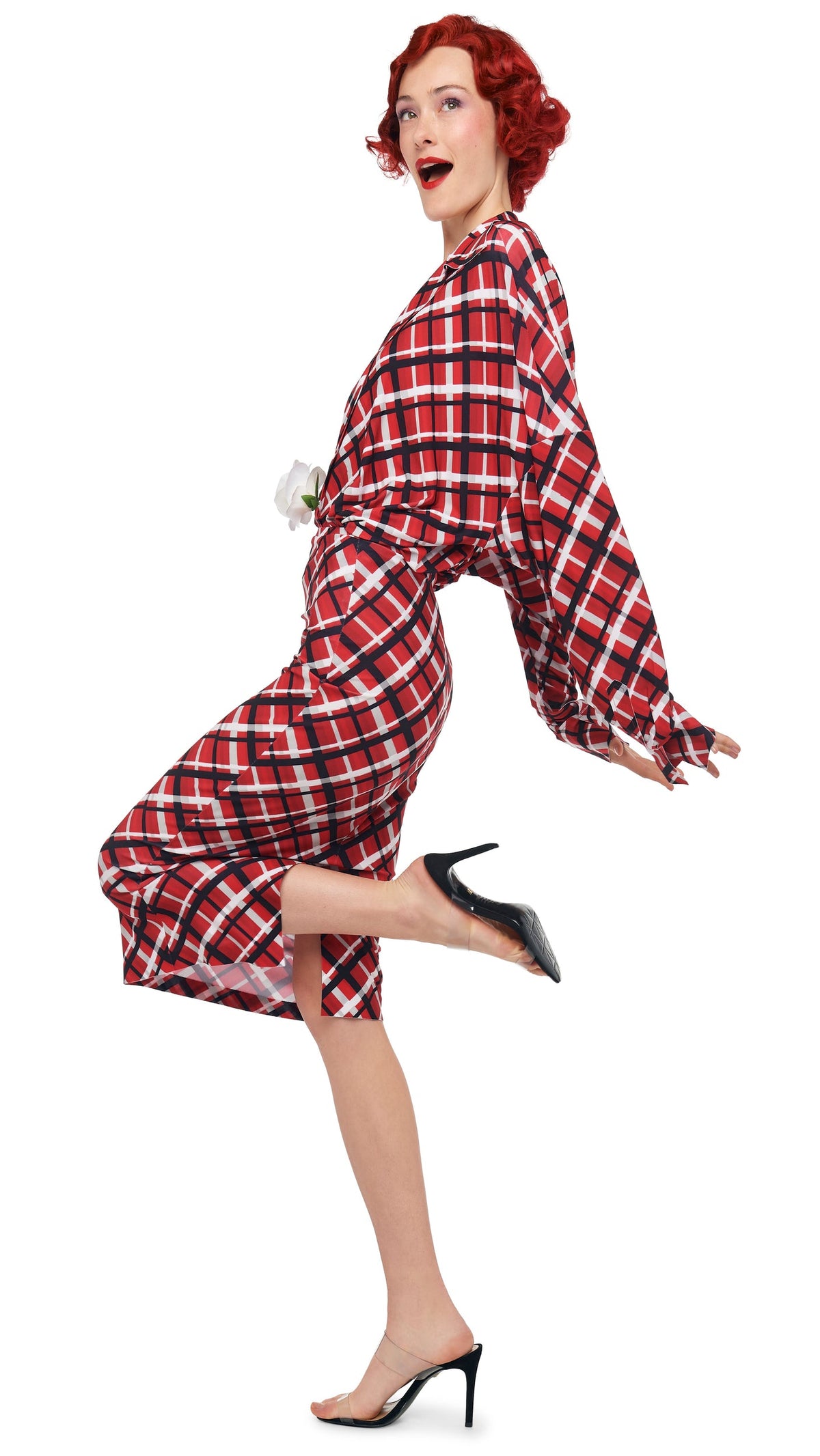 STRAIGHT SKIRT TO MIDCALF Red Bias Plaid | Norma Kamali Women