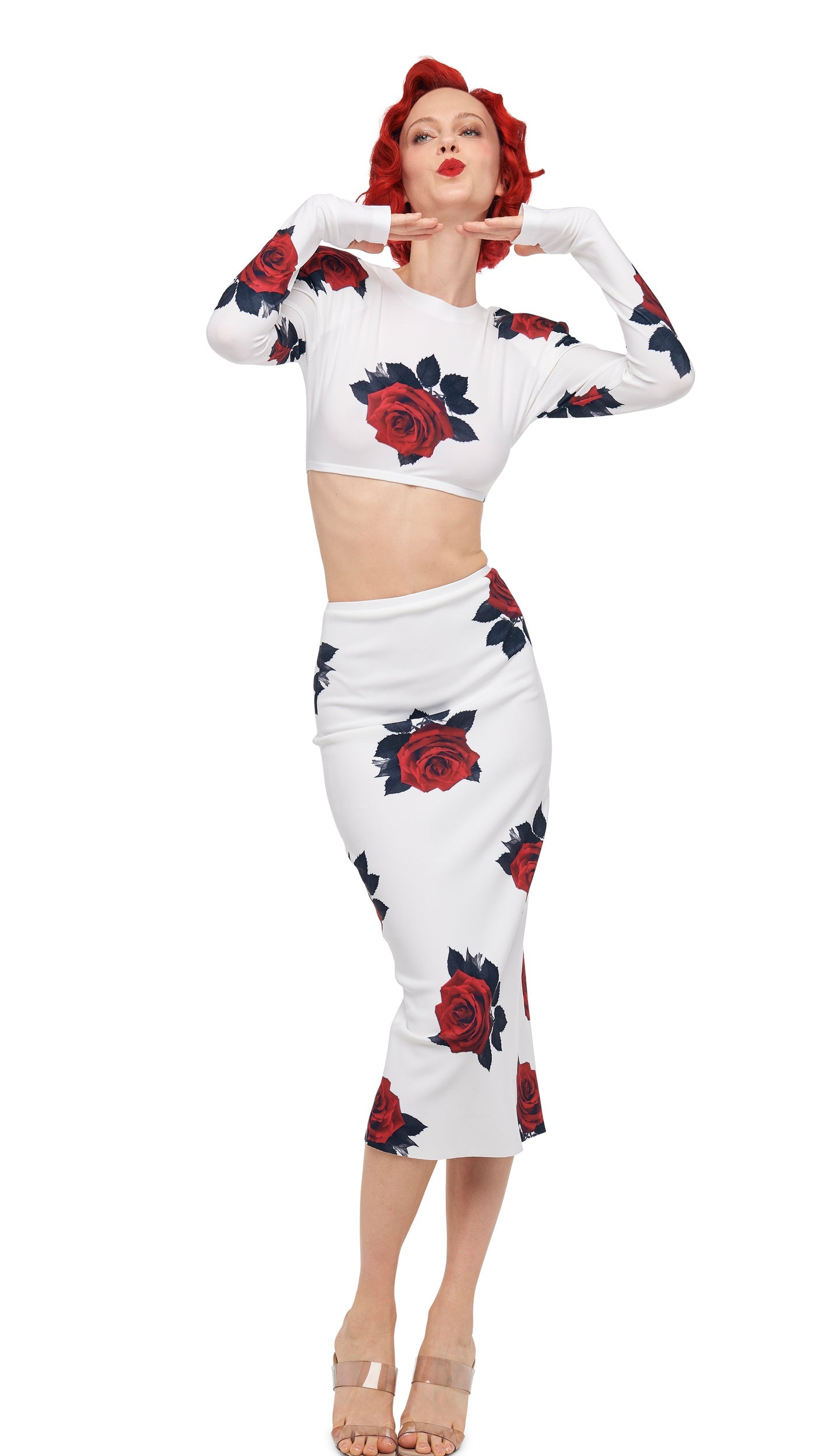 CROPPED SHOULDER PAD LONG SLEEVE CREW TOP Red Rose | Norma Kamali Women