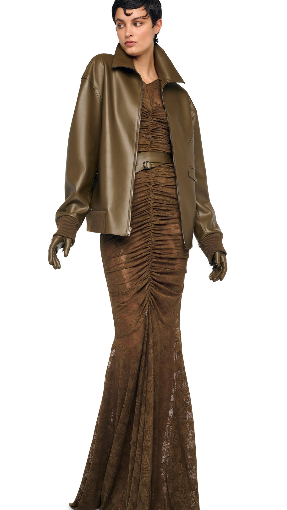 V NECK SHIRRED FRONT FISHTAIL GOWN Bark | Norma Kamali Women