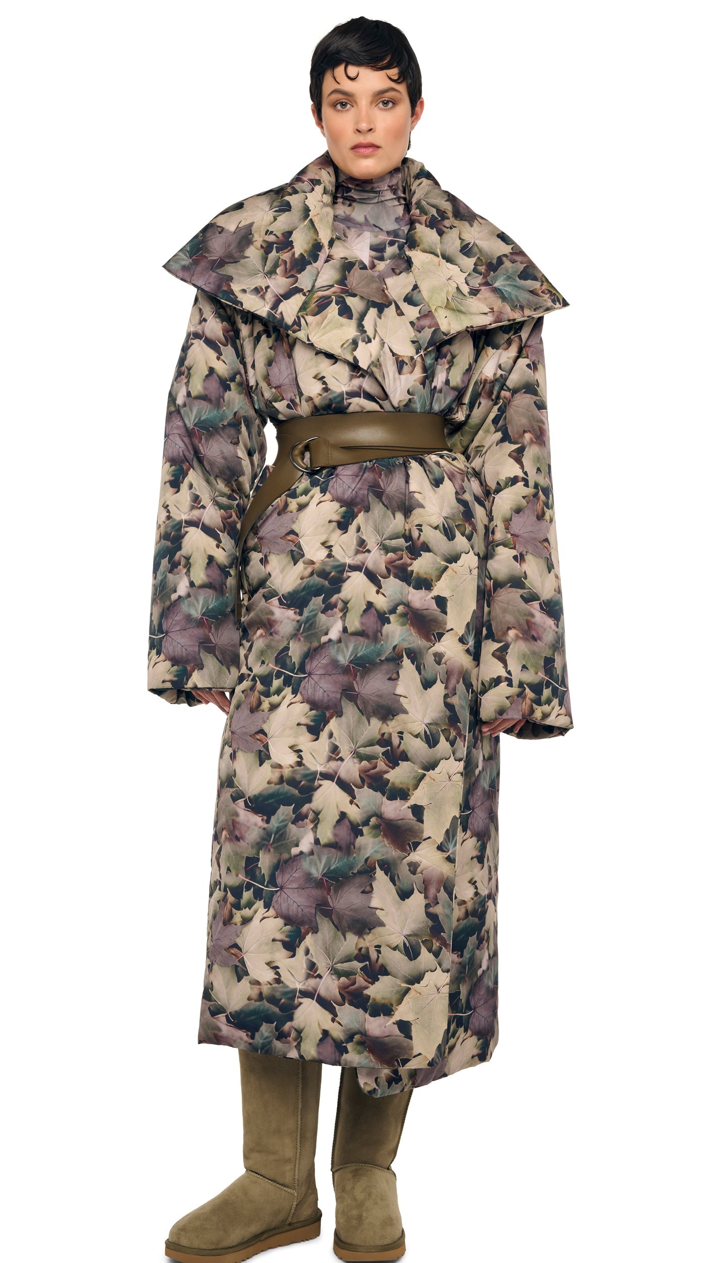 HIGH COLLAR SLEEPING BAG COAT LONG Autumn Leaves | Norma Kamali Women
