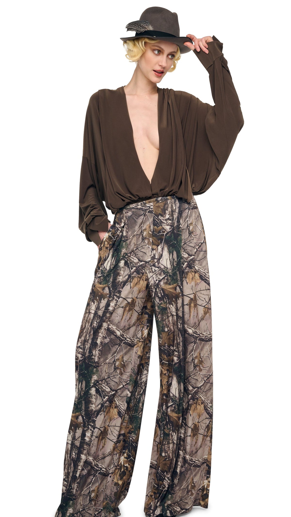 HOODED SUPER OS BF NK SHIRT BODYSUIT Bark | Norma Kamali Women