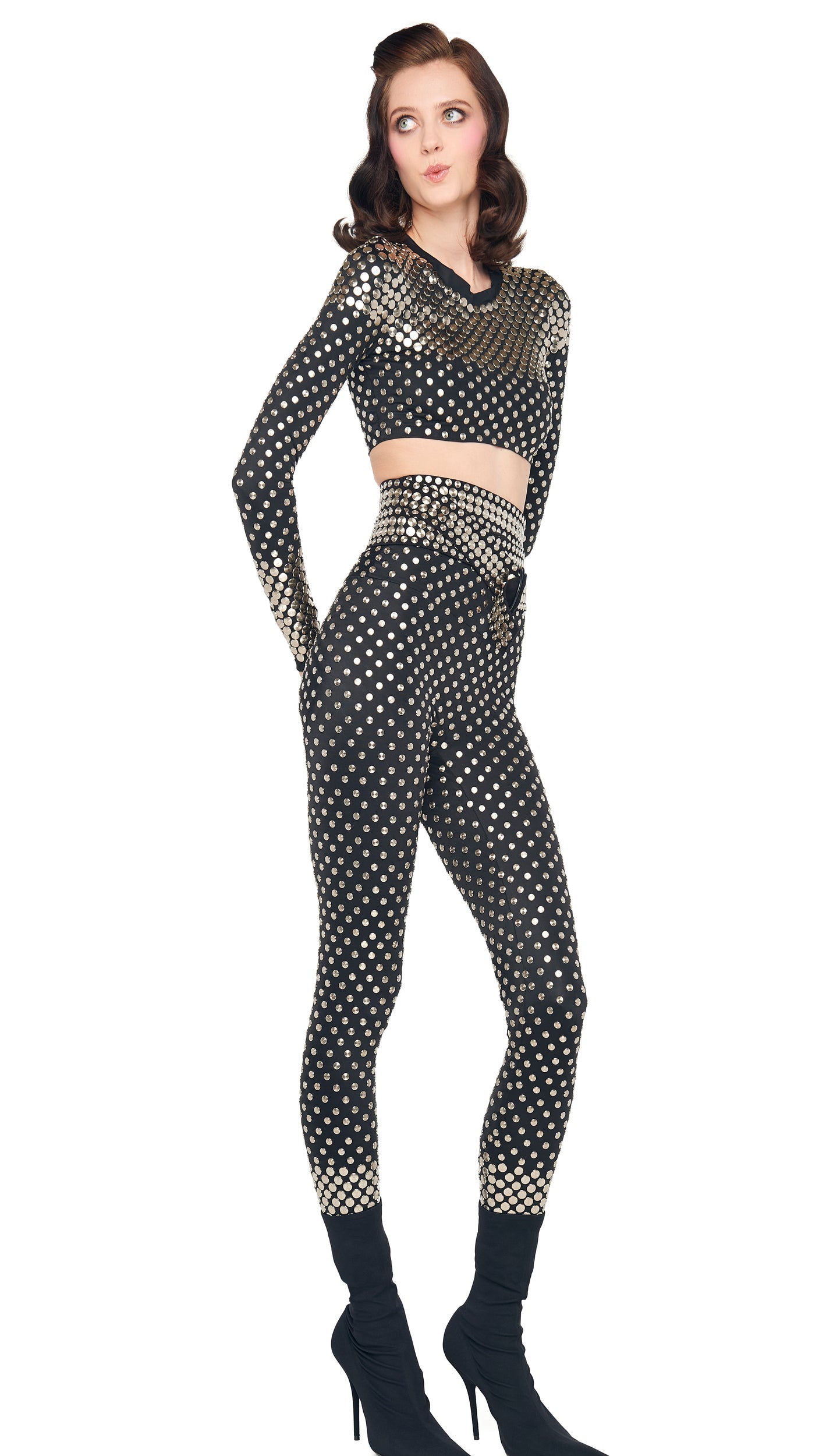 STUD CREWNECK CROPPED TOP Black | Norma Kamali Women