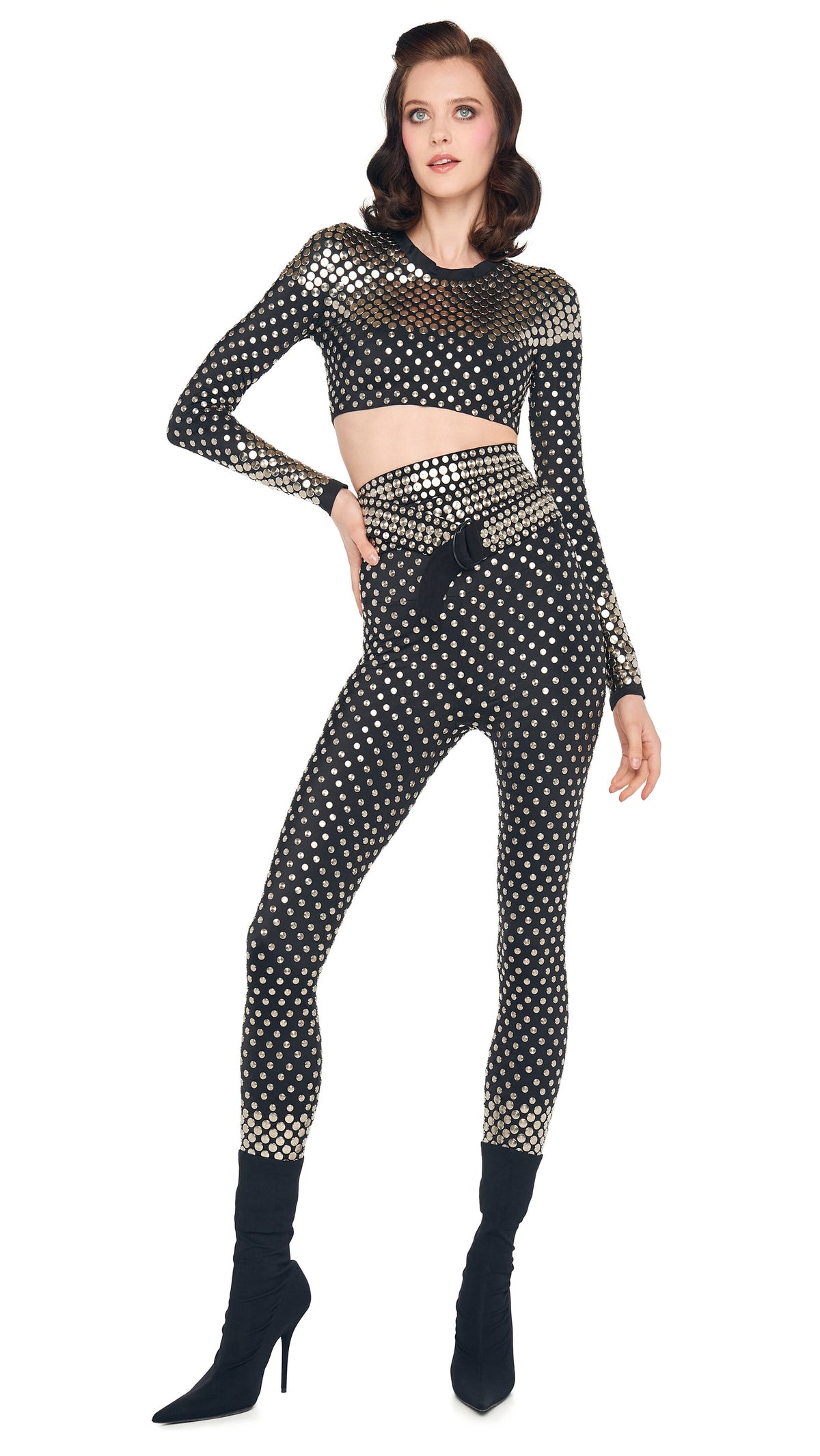 STUD CREWNECK CROPPED TOP Black | Norma Kamali Women