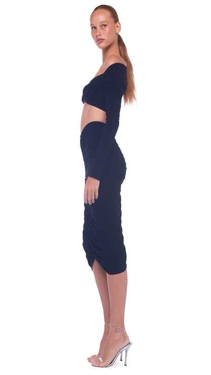 SHIRRED SKIRT TO KNEE Black | Norma Kamali Women