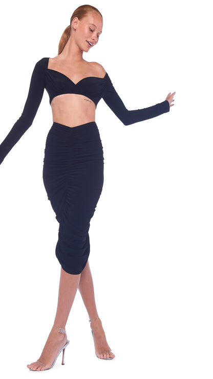 SHIRRED SKIRT TO KNEE Black | Norma Kamali Women