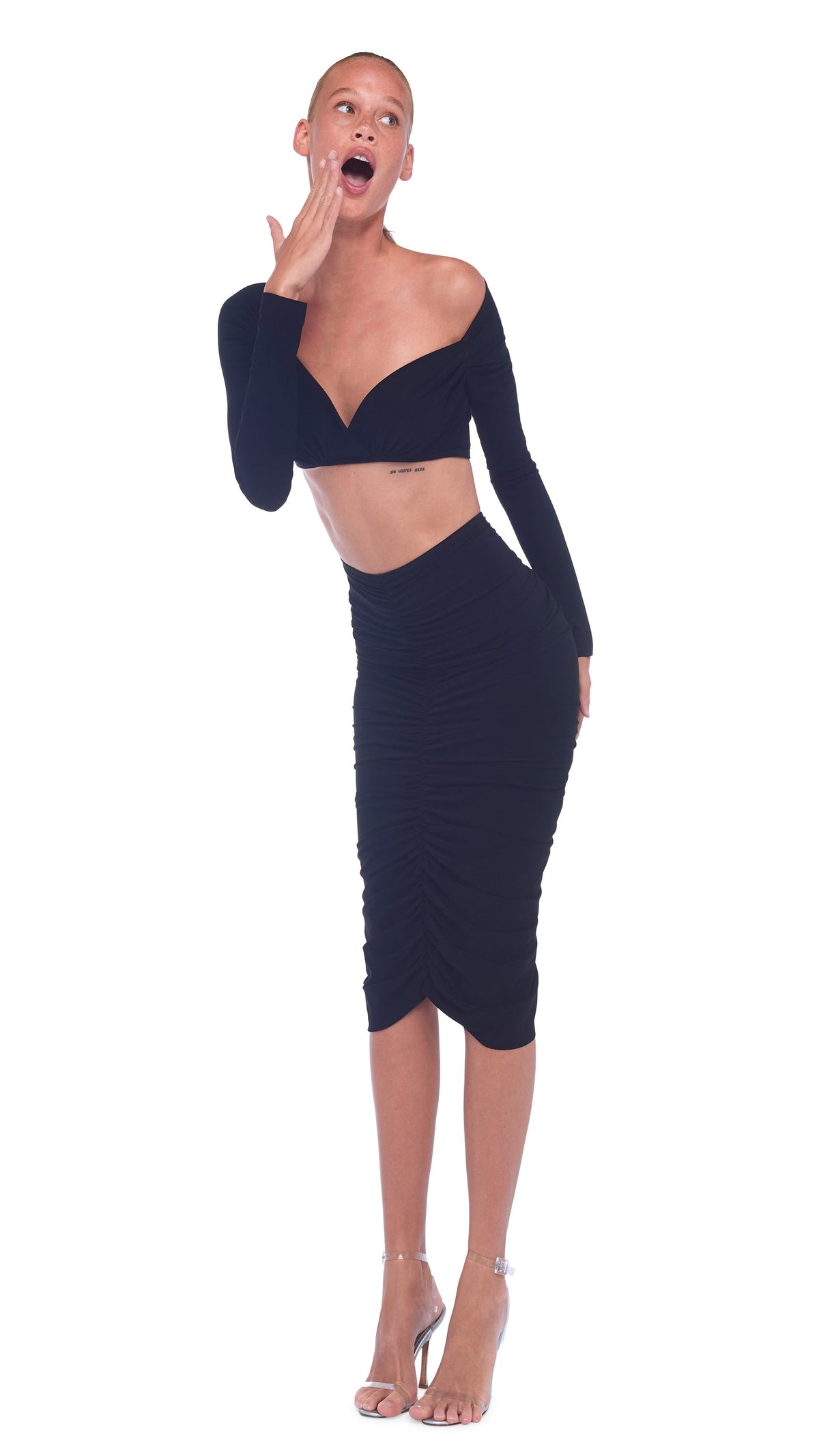 SHIRRED SKIRT TO KNEE Black | Norma Kamali Women