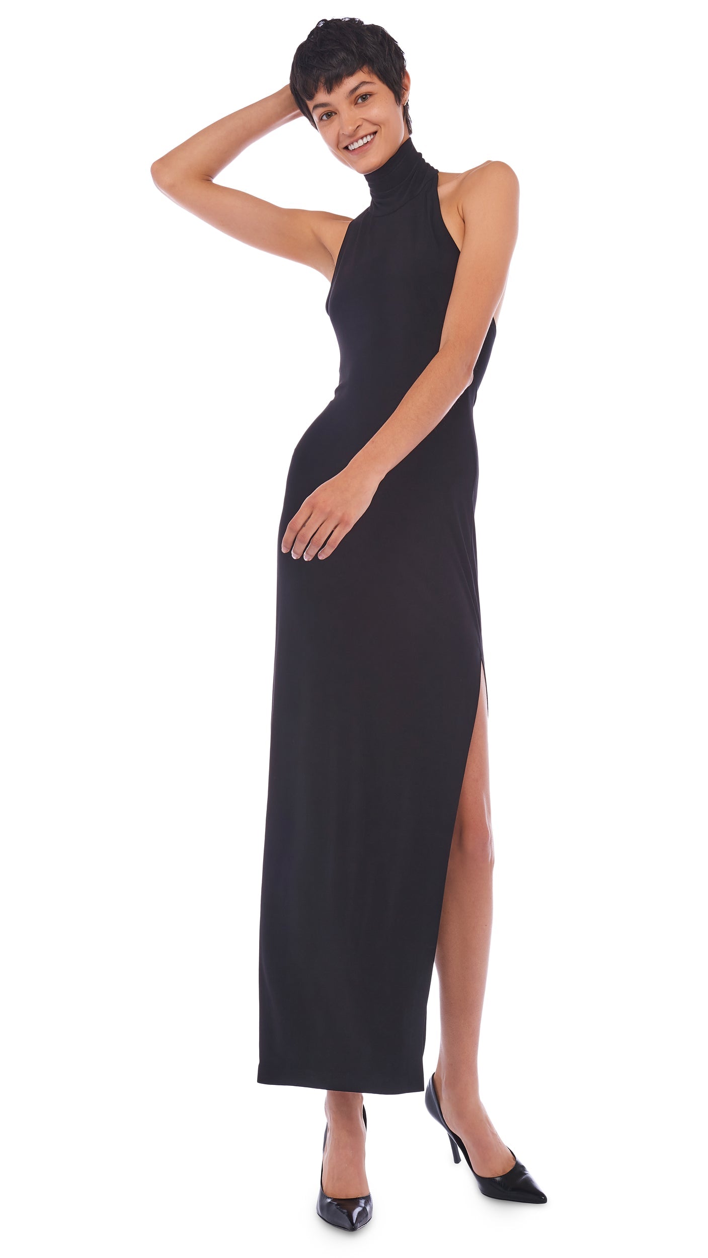 HALTER TURTLE SIDE SLIT GOWN Black | Norma Kamali Women