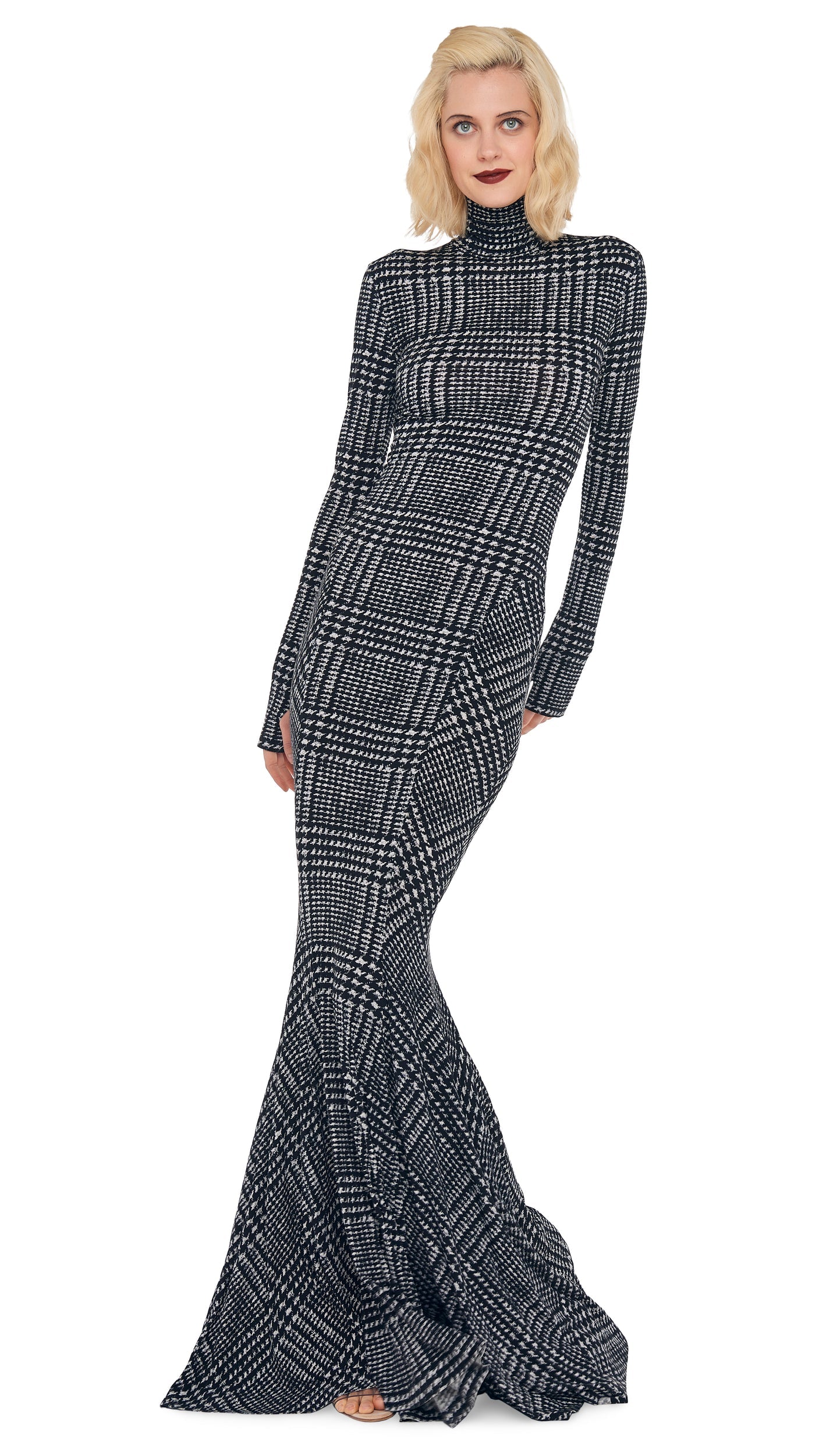 TURTLE FISHTAIL GOWN Large Glen Plaid Tweed | Norma Kamali Women