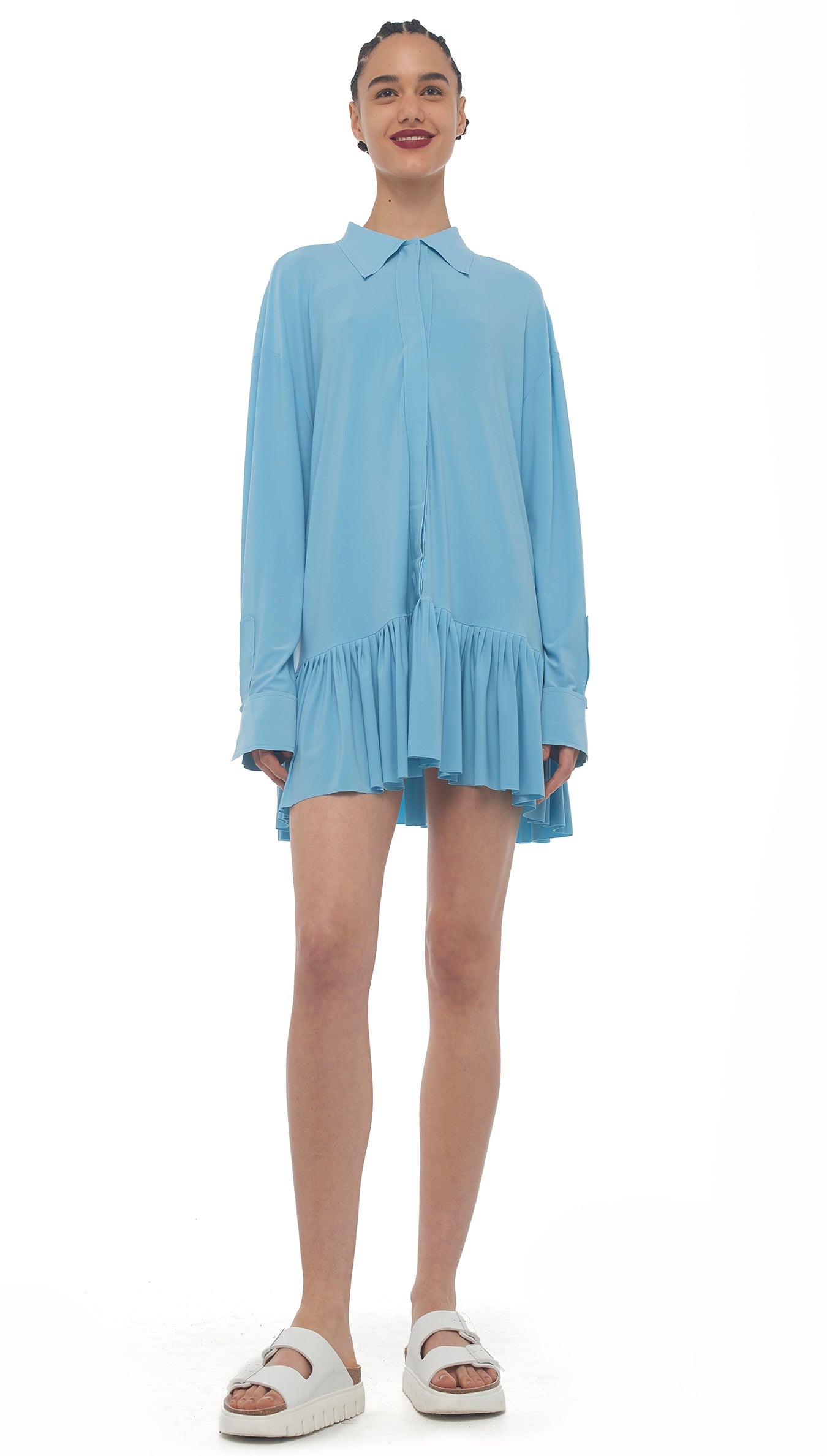 OVERSIZE BF RUFFLE NK SHIRT Powder Blue | Norma Kamali Women