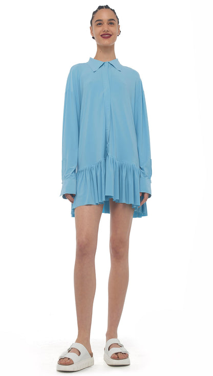 OVERSIZE BF RUFFLE NK SHIRT Powder Blue | Norma Kamali Women