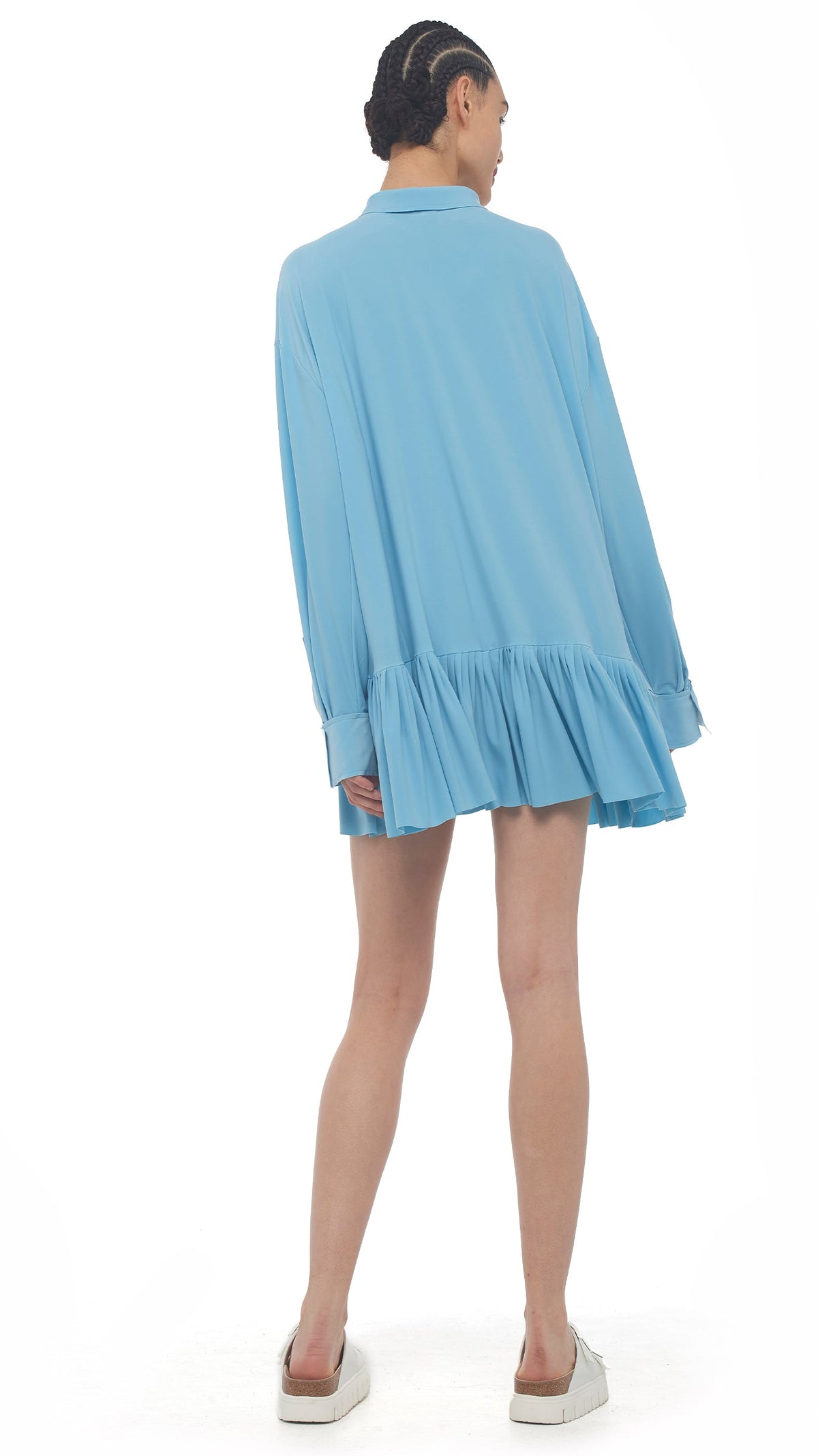 OVERSIZE BF RUFFLE NK SHIRT Powder Blue | Norma Kamali Women