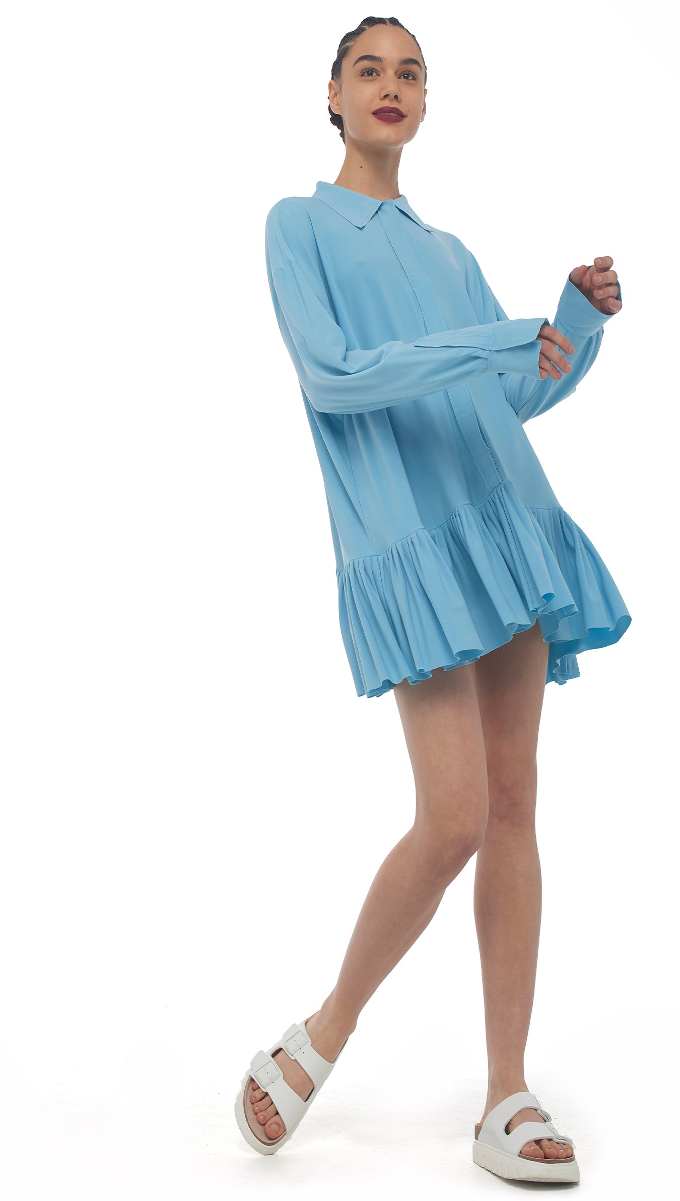 OVERSIZE BF RUFFLE NK SHIRT Powder Blue | Norma Kamali Women