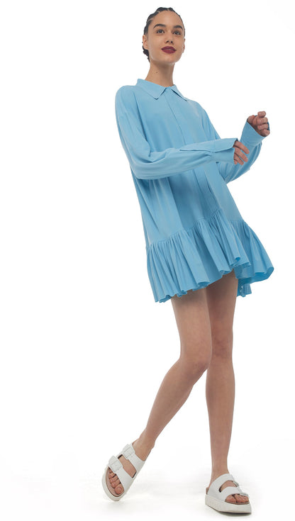 OVERSIZE BF RUFFLE NK SHIRT Powder Blue | Norma Kamali Women