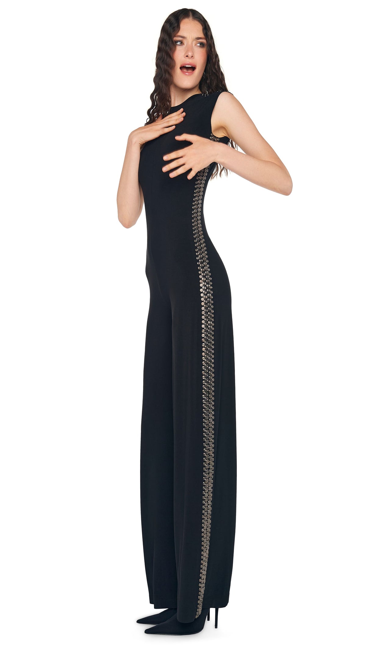 GUNMETAL STUD SLEEVELESS JUMPSUIT Black | Norma Kamali Women