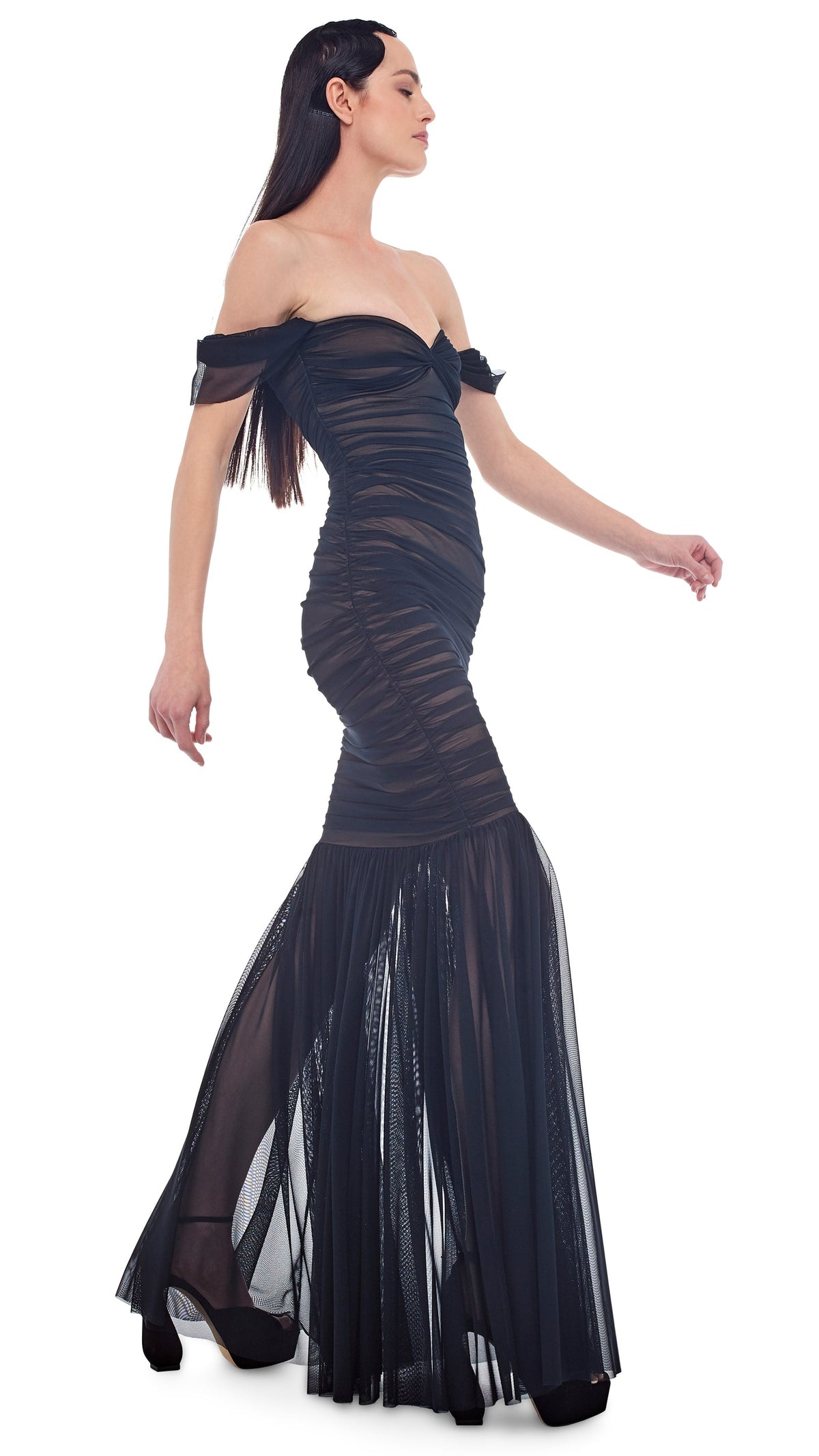 WALTER FISHTAIL GOWN Black Mesh | Norma Kamali Women
