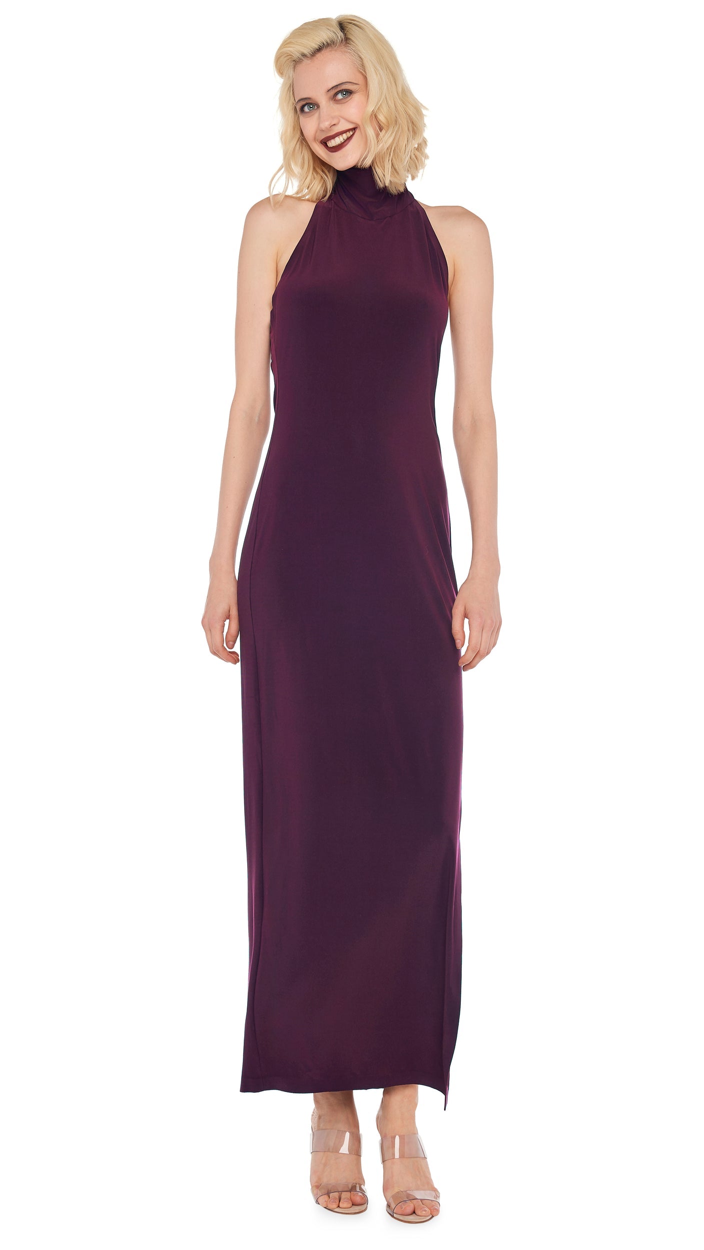 HALTER TURTLE SIDE SLIT GOWN Plum | Norma Kamali Women