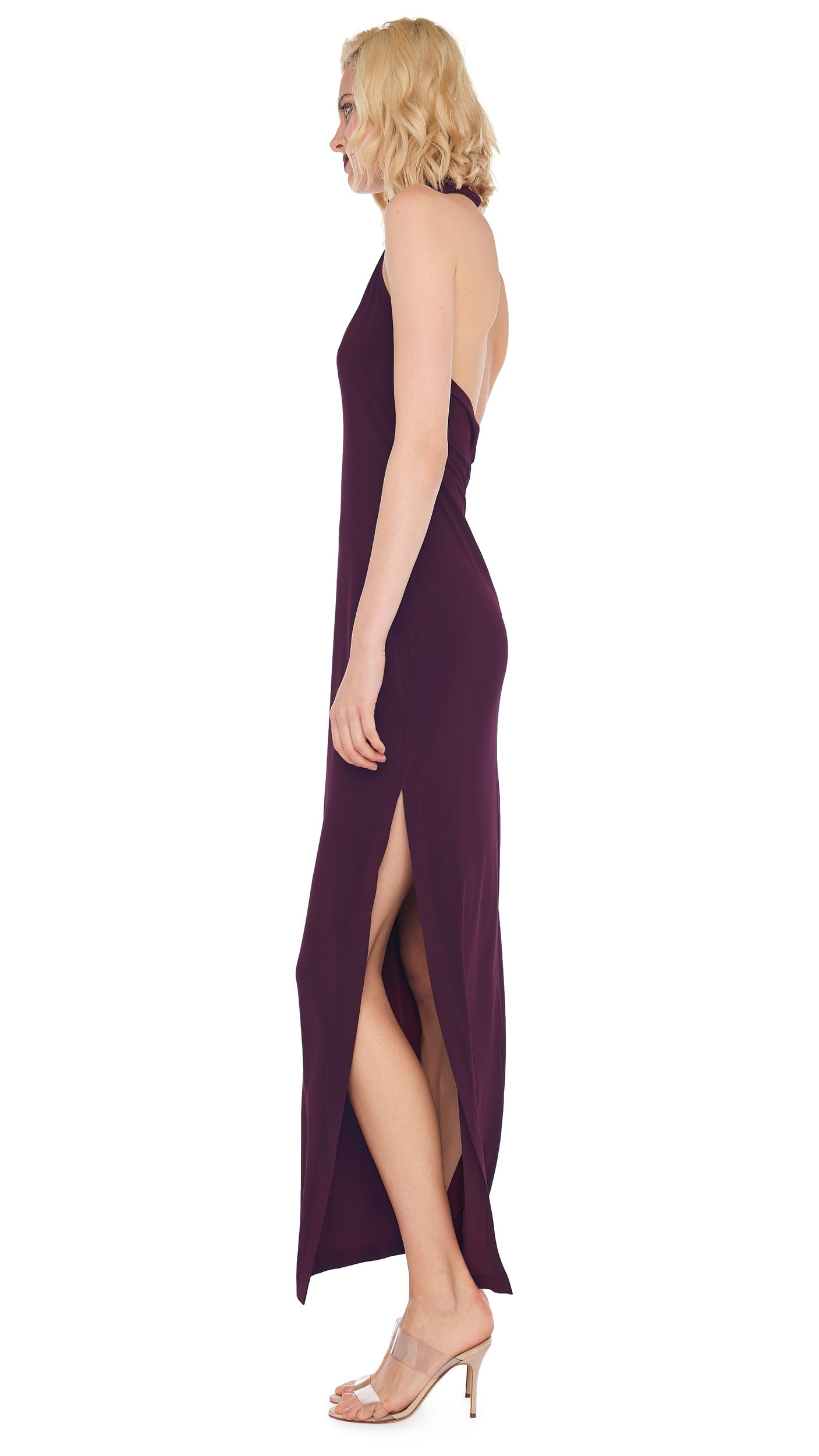 HALTER TURTLE SIDE SLIT GOWN Plum | Norma Kamali Women