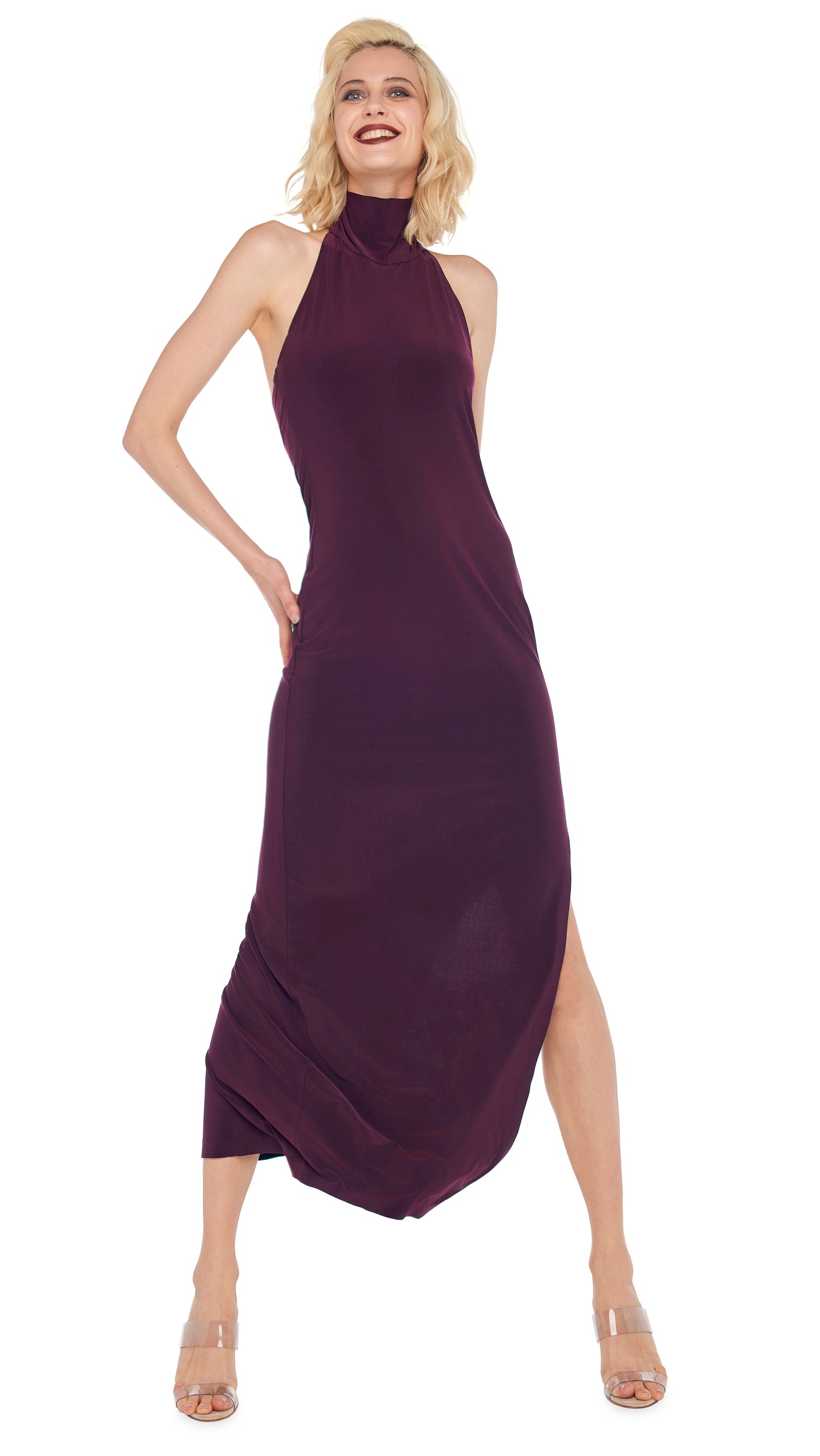 HALTER TURTLE SIDE SLIT GOWN Plum | Norma Kamali Women