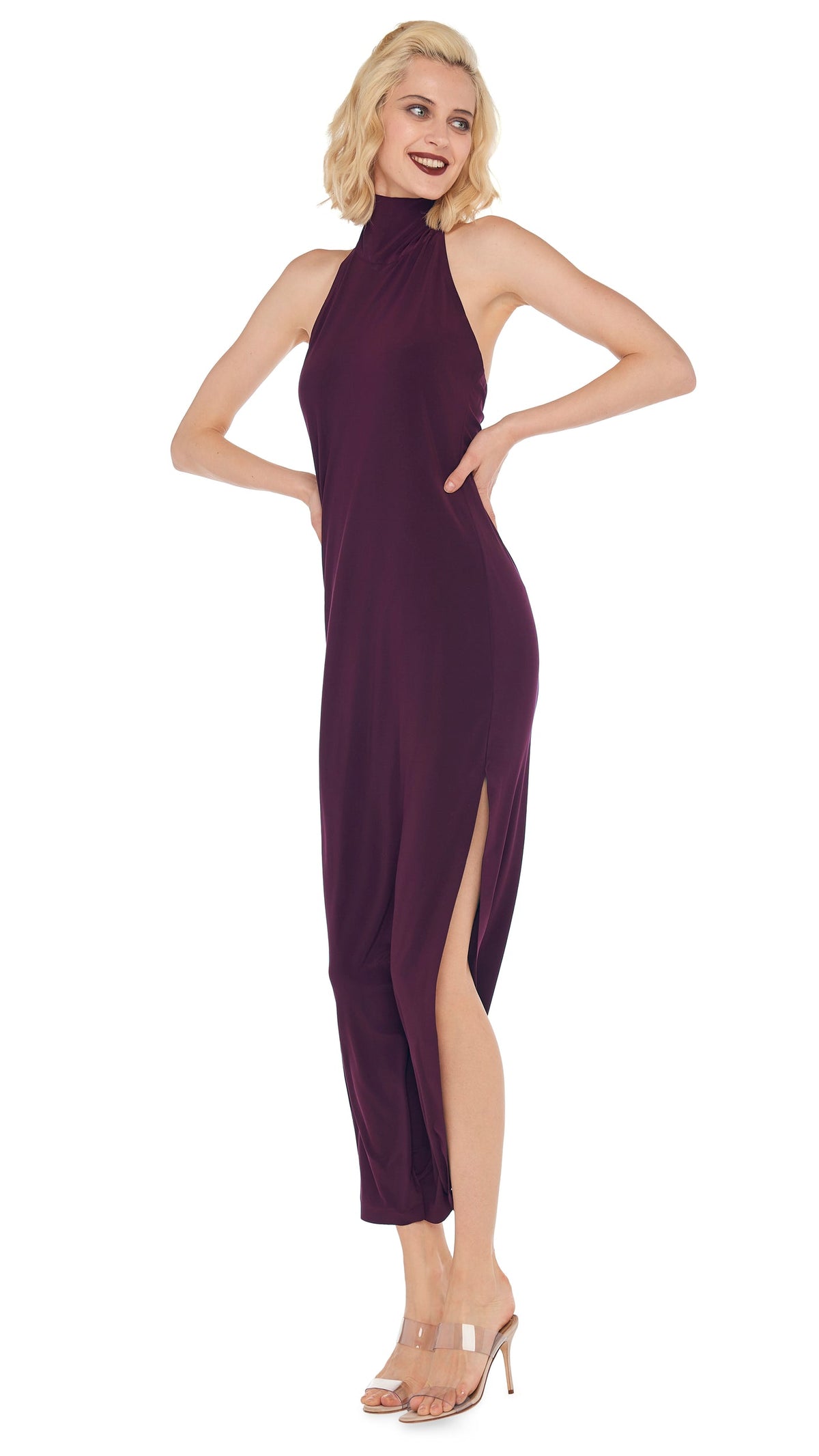 HALTER TURTLE SIDE SLIT GOWN Plum | Norma Kamali Women