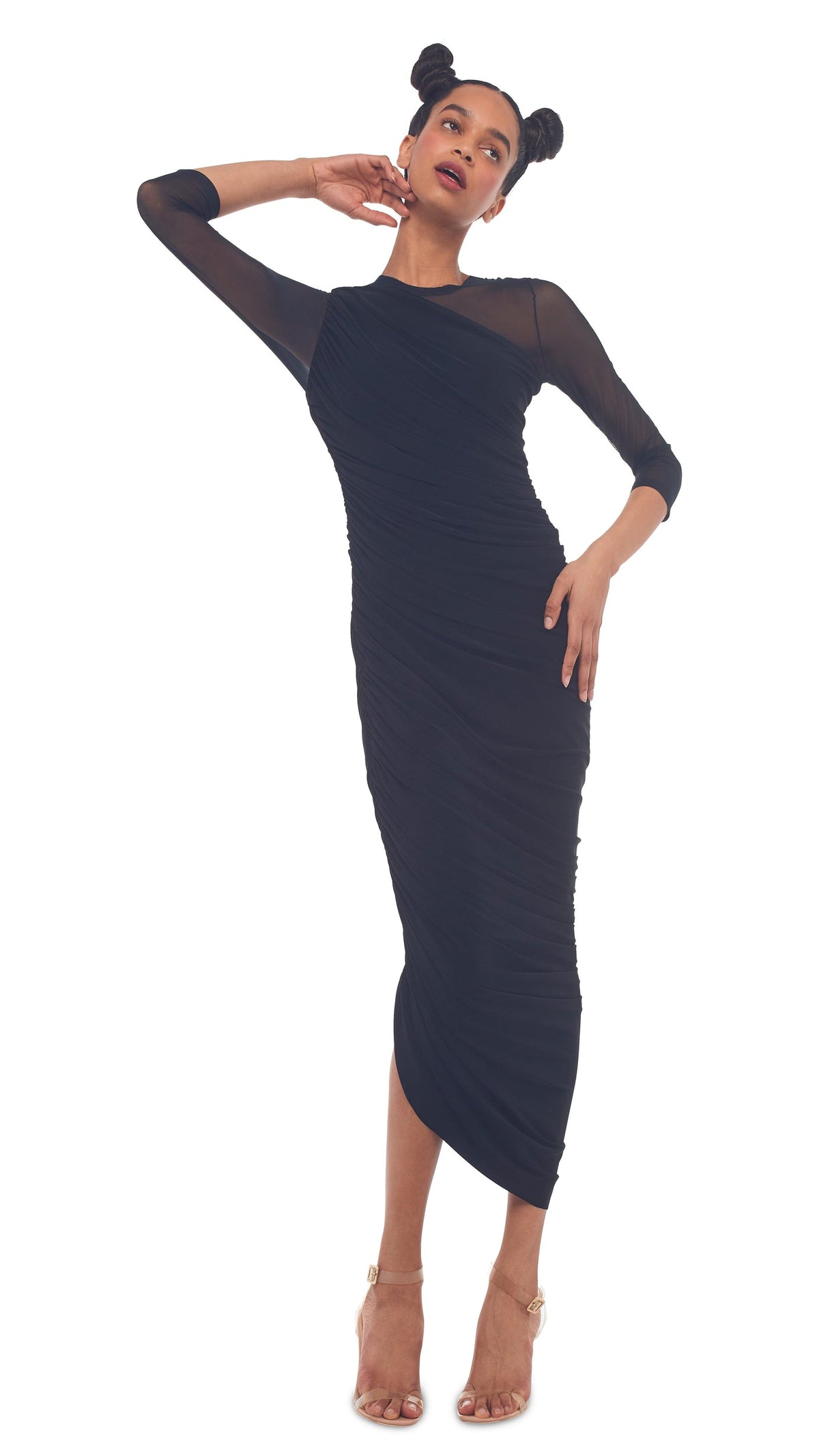 LONG SLEEVE DIANA GOWN Black/Black Mesh | Norma Kamali Women
