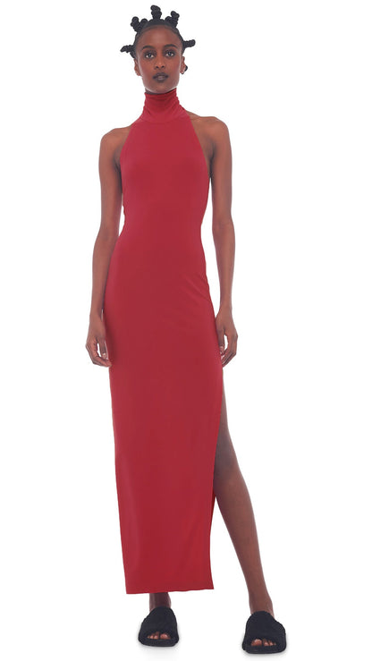 HALTER TURTLE SIDE SLIT GOWN Red | Norma Kamali Women