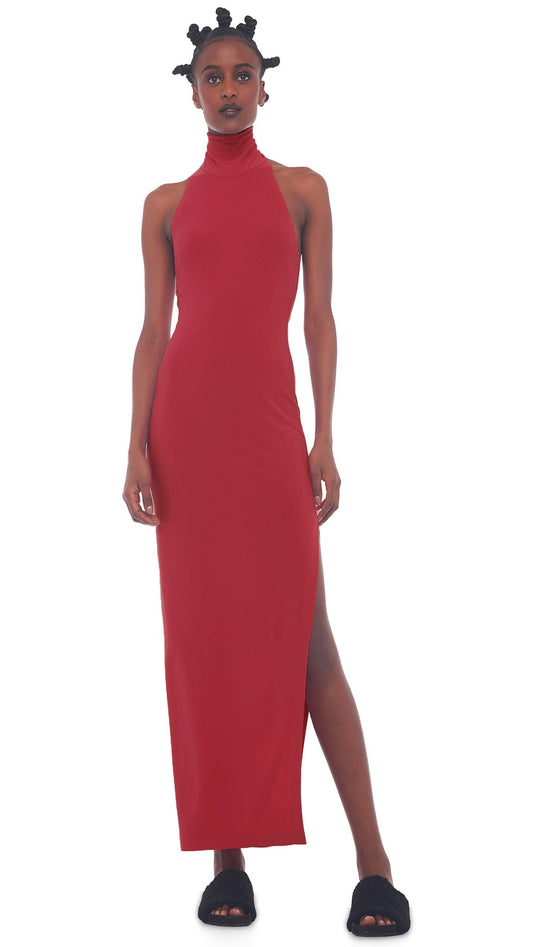 HALTER TURTLE SIDE SLIT GOWN Red | Norma Kamali Women