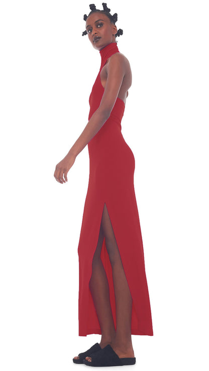 HALTER TURTLE SIDE SLIT GOWN Red | Norma Kamali Women