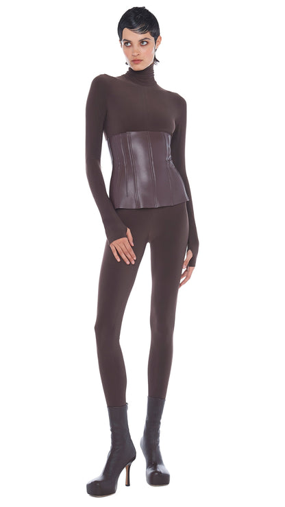 TURTLE CATSUIT W/ FOOTSIE Chocolate | Norma Kamali Women