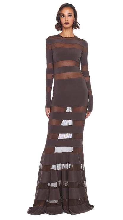 SPLICED DRESS FISHTAIL GOWN Chocolate/Chocolate Mesh | Norma Kamali Women