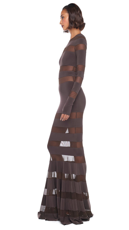 SPLICED DRESS FISHTAIL GOWN Chocolate/Chocolate Mesh | Norma Kamali Women