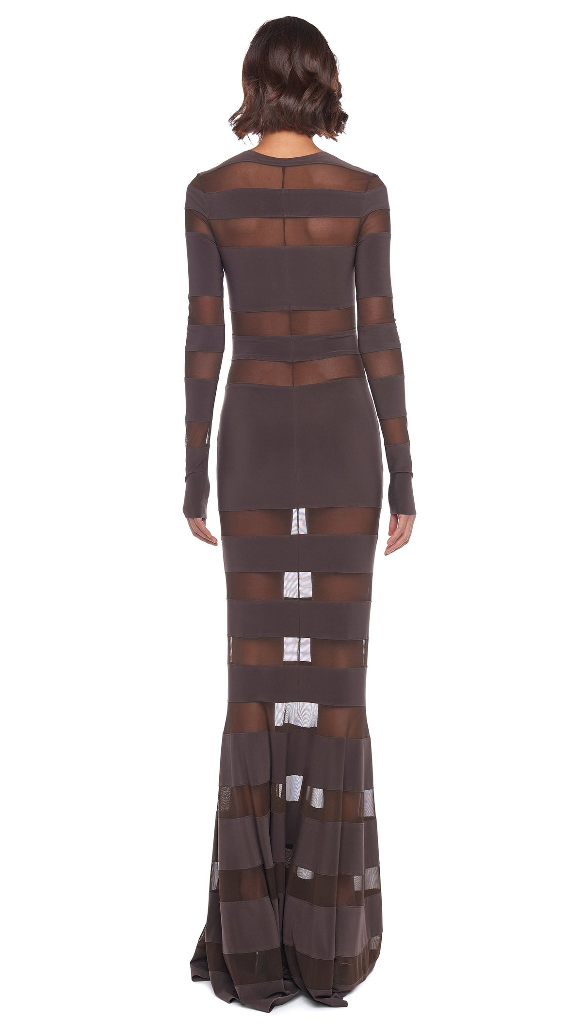 SPLICED DRESS FISHTAIL GOWN Chocolate/Chocolate Mesh | Norma Kamali Women