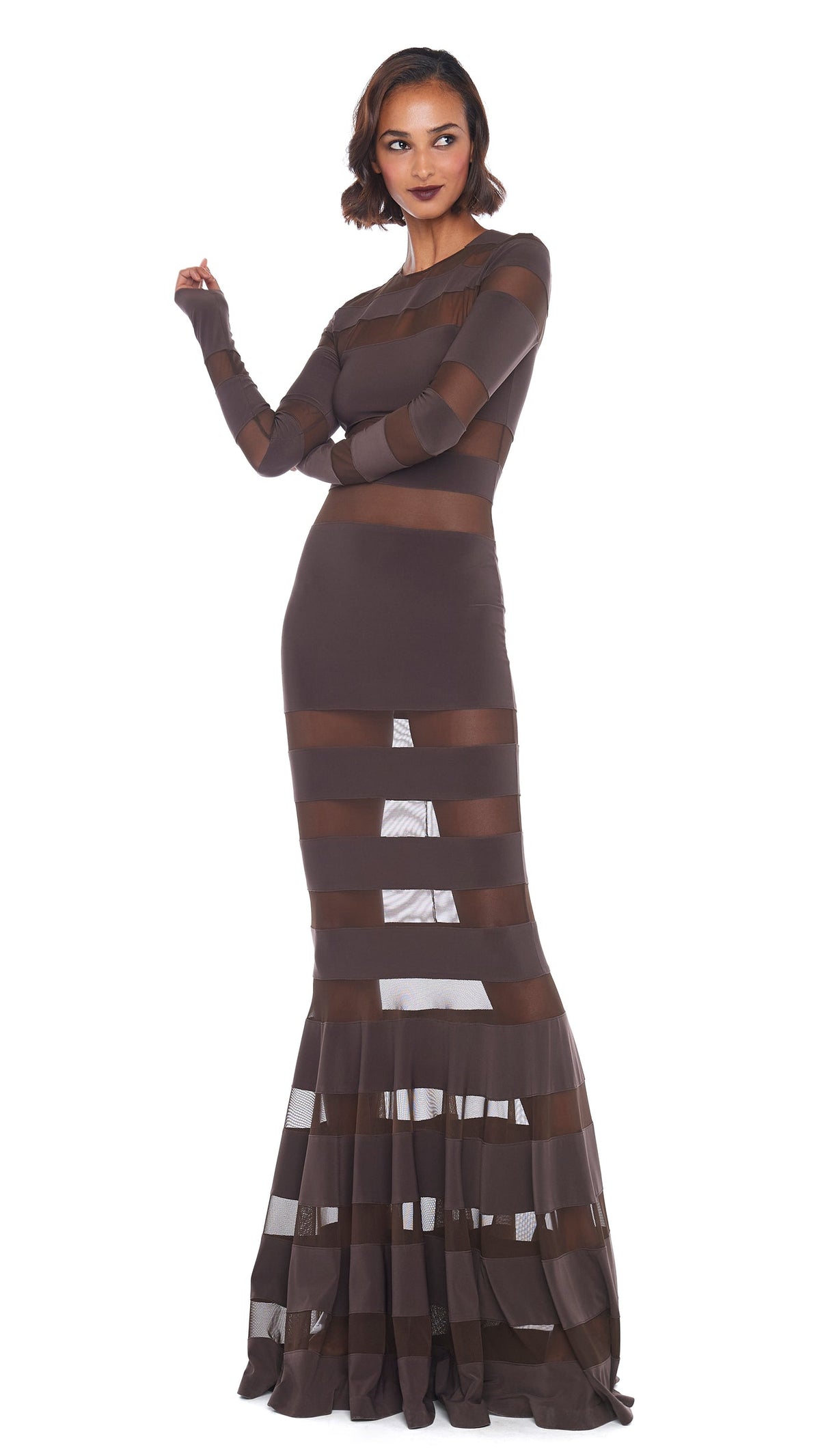 SPLICED DRESS FISHTAIL GOWN Chocolate/Chocolate Mesh | Norma Kamali Women