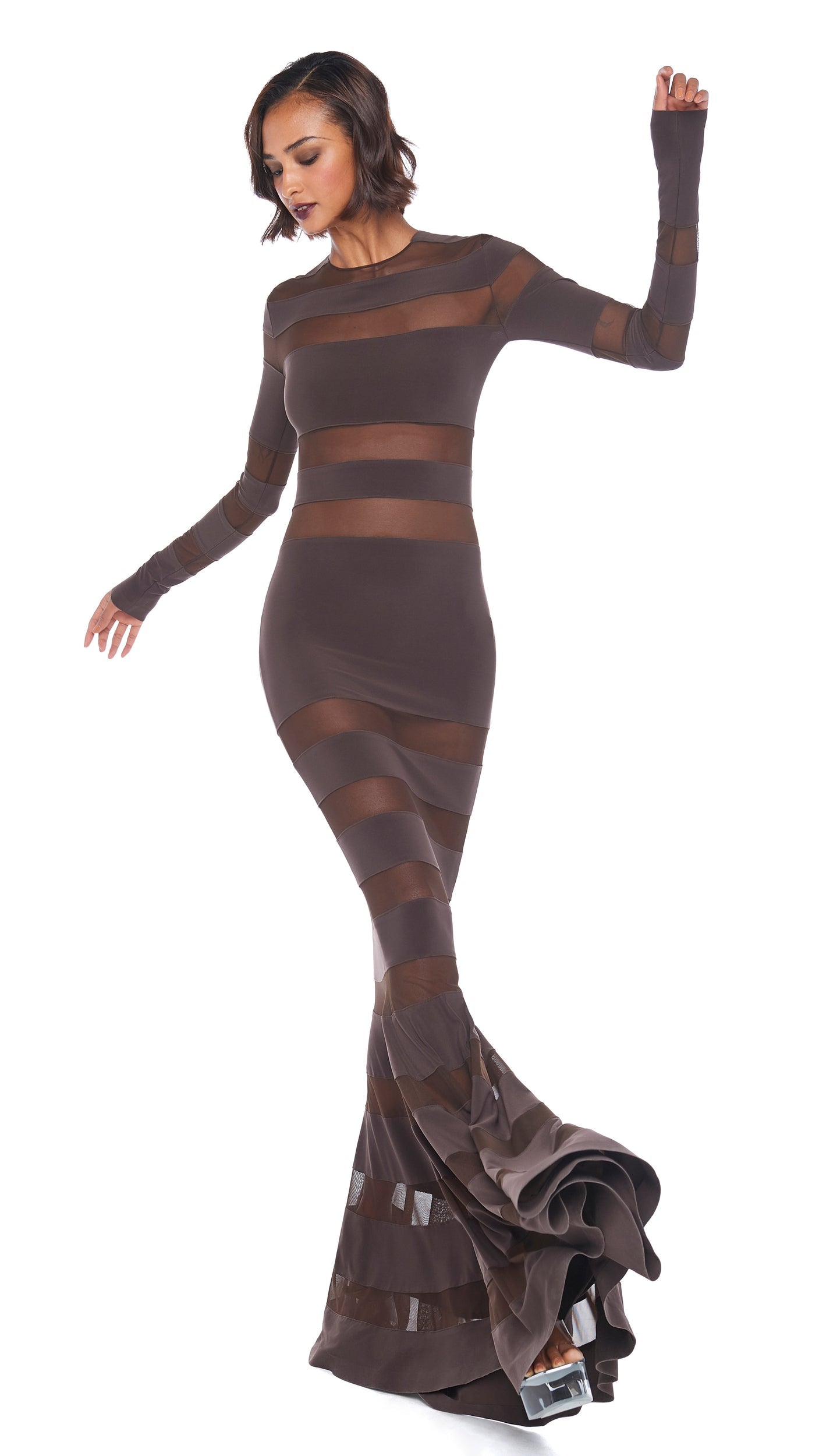 SPLICED DRESS FISHTAIL GOWN Chocolate/Chocolate Mesh | Norma Kamali Women
