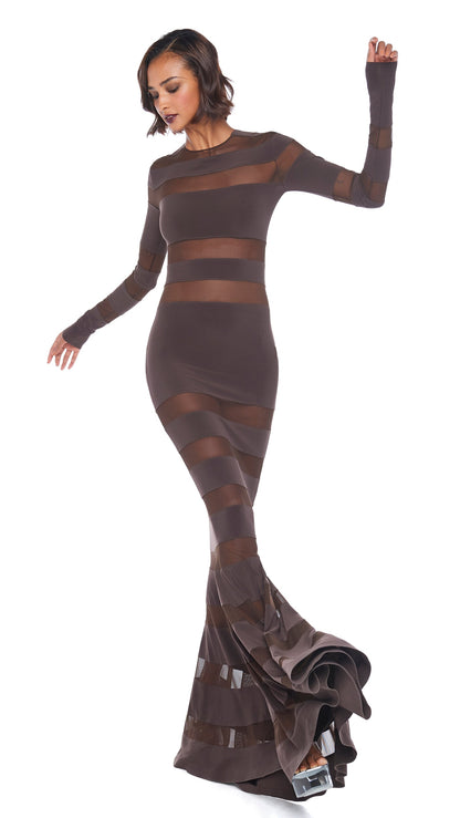 SPLICED DRESS FISHTAIL GOWN Chocolate/Chocolate Mesh | Norma Kamali Women