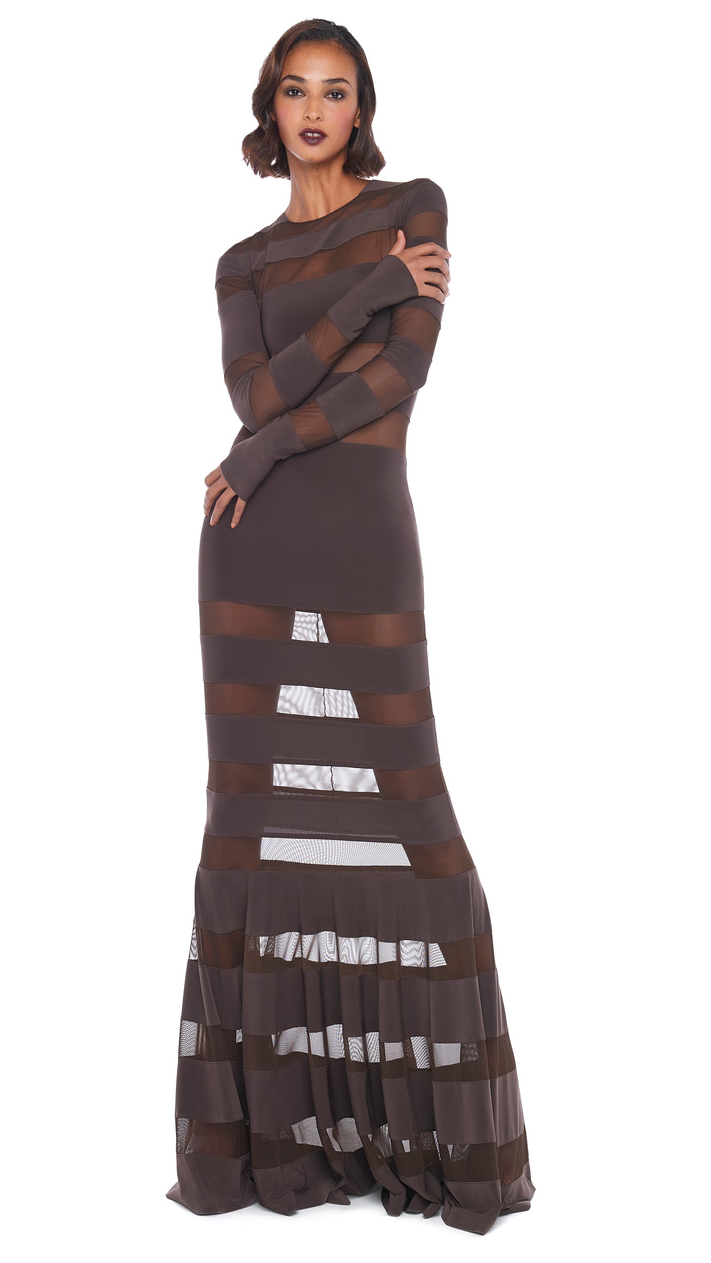 SPLICED DRESS FISHTAIL GOWN Chocolate/Chocolate Mesh | Norma Kamali Women