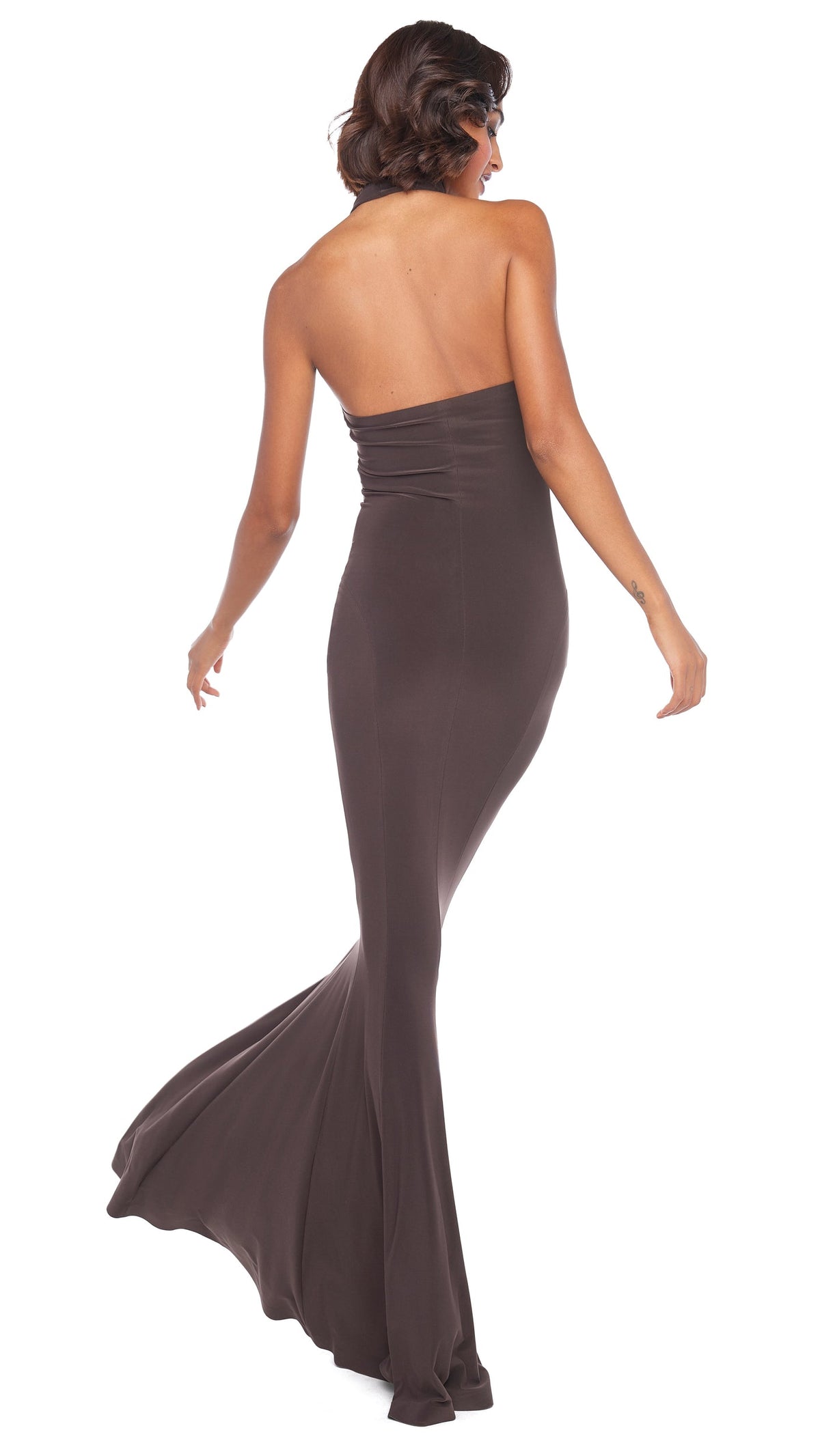 HALTER TURTLE FISHTAIL GOWN Chocolate | Norma Kamali Women