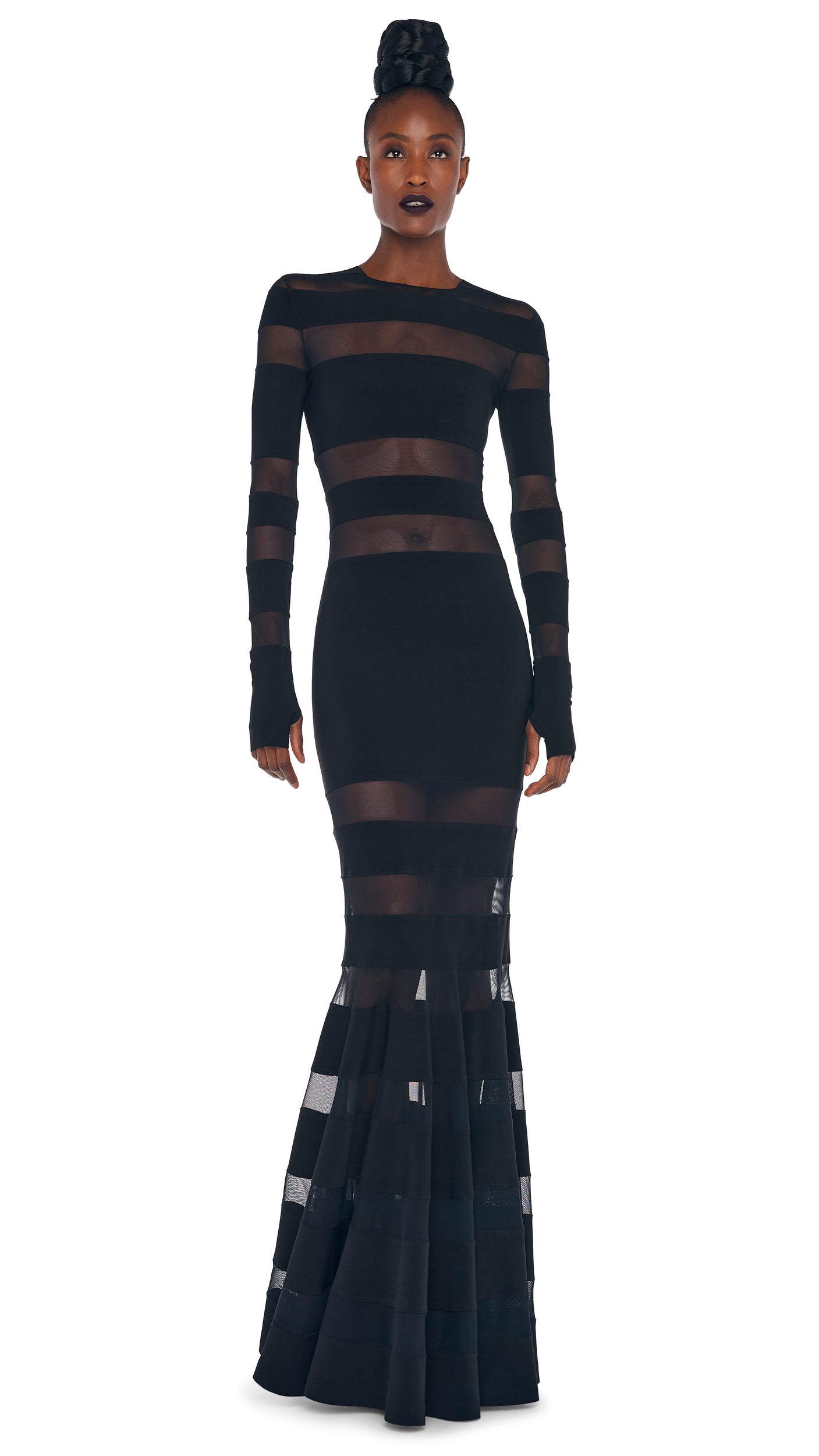 SPLICED DRESS FISHTAIL GOWN Black/Black Mesh | Norma Kamali Women