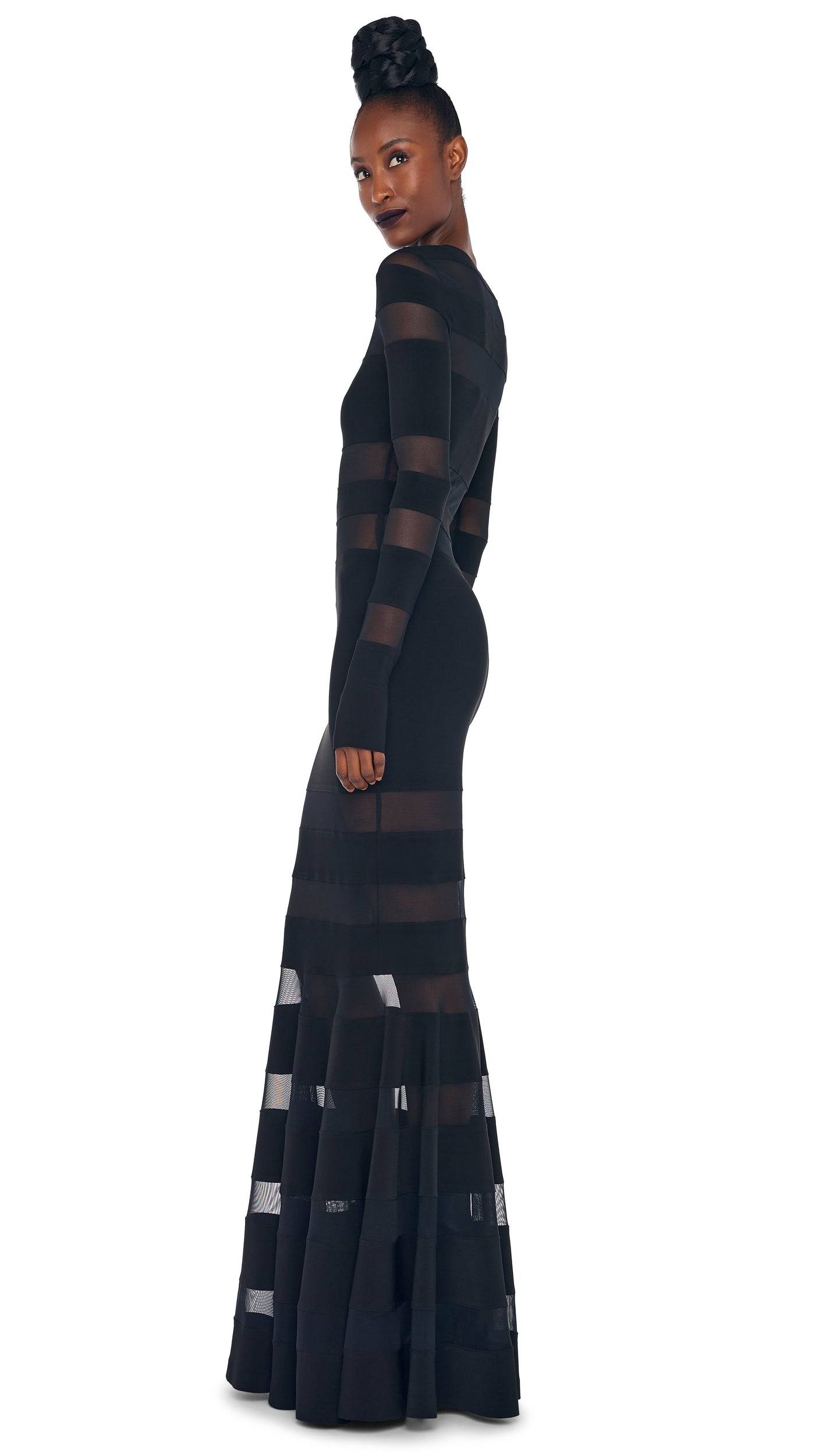 SPLICED DRESS FISHTAIL GOWN Black/Black Mesh | Norma Kamali Women