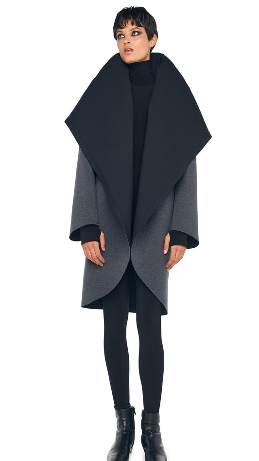 SHAWL COLLAR COAT REVERSIBLE Dark Heather Grey/Black | Norma Kamali Women