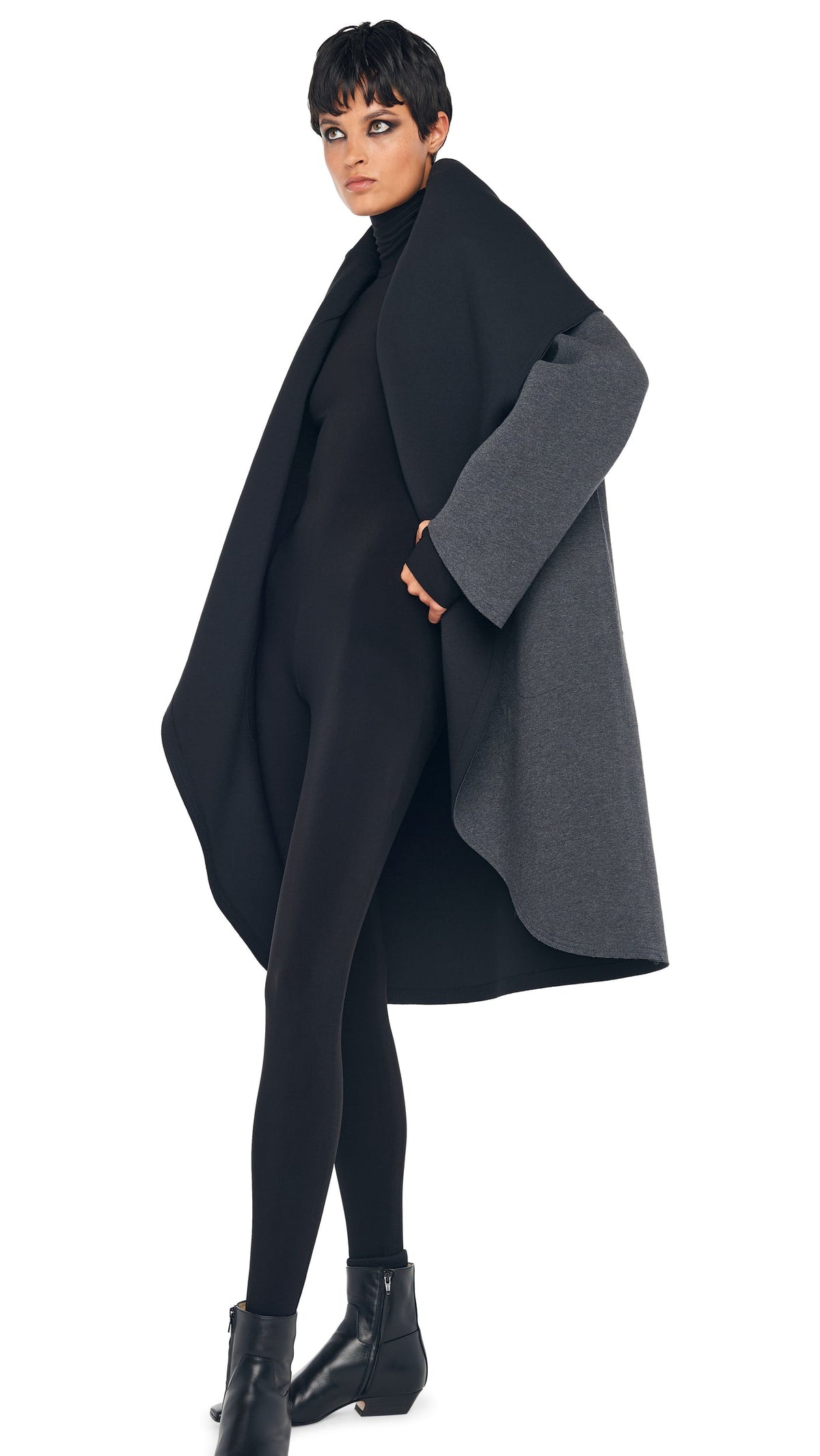 SHAWL COLLAR COAT REVERSIBLE Dark Heather Grey/Black | Norma Kamali Women
