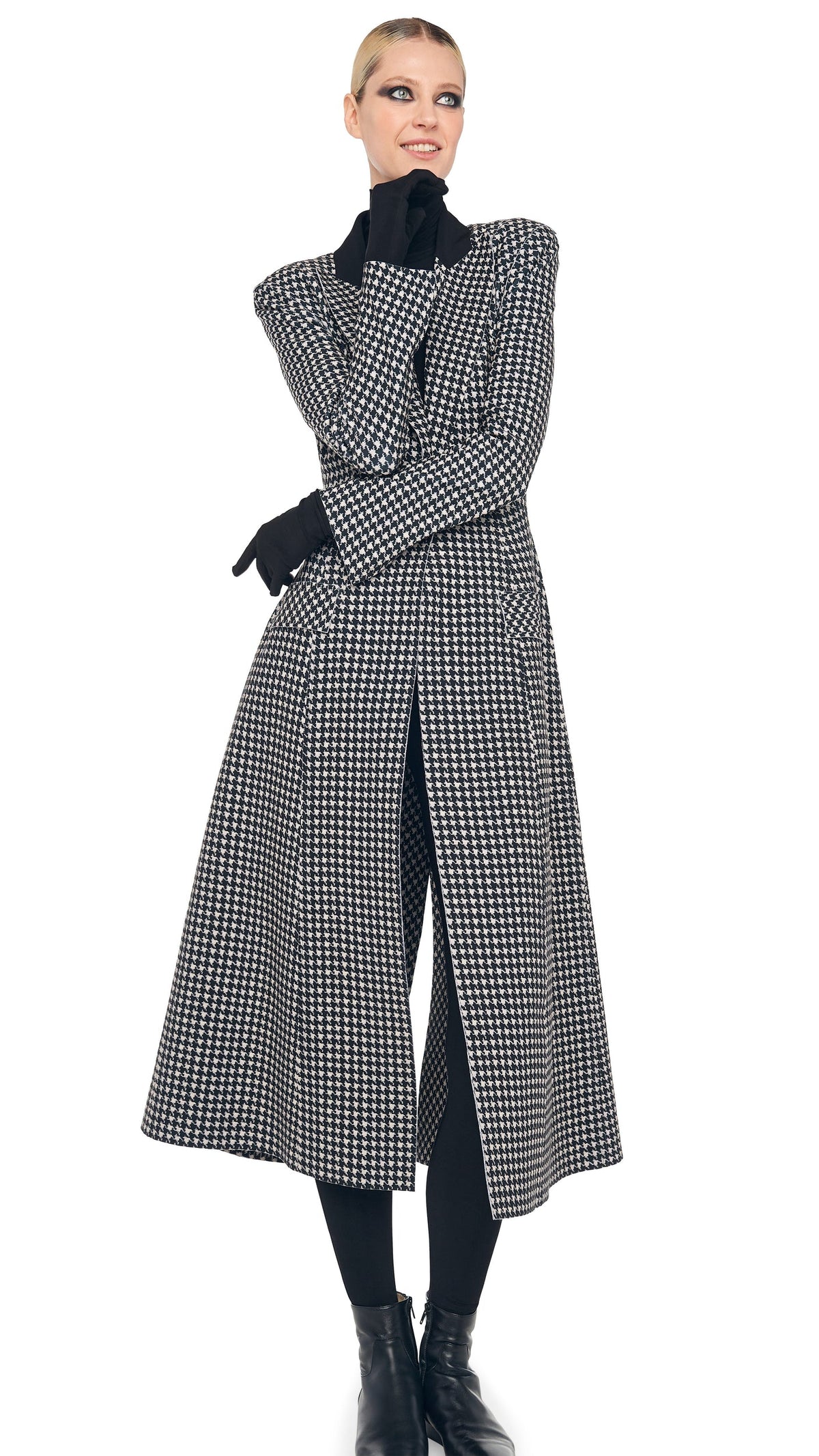 SINGLE BREASTED BOY FIT RIDING COAT Large Houndstooth/Black | Norma Kamali Women