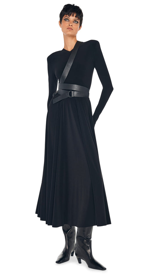 LS SHOULDER PAD V NECK FLARED DRESS Black | Norma Kamali Women