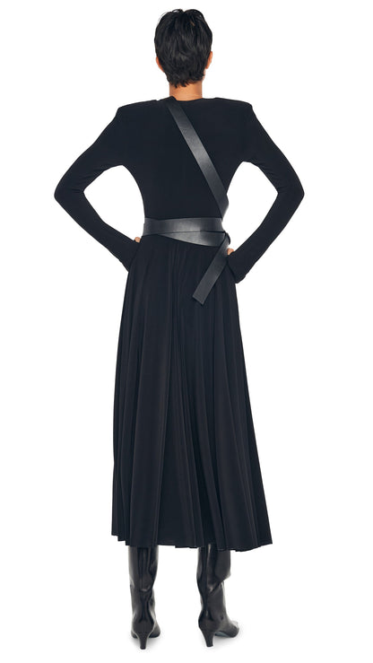 LS SHOULDER PAD V NECK FLARED DRESS Black | Norma Kamali Women