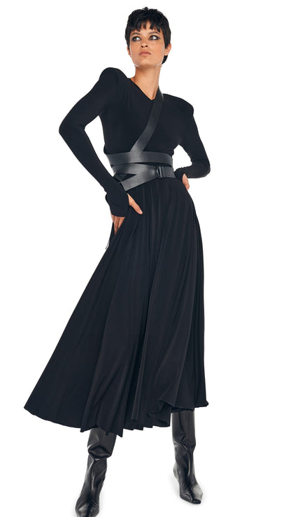 LS SHOULDER PAD V NECK FLARED DRESS Black | Norma Kamali Women