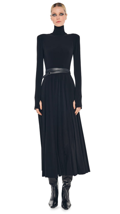 LS SHOULDER PAD TURTLE FLARED DRESS Black | Norma Kamali Women