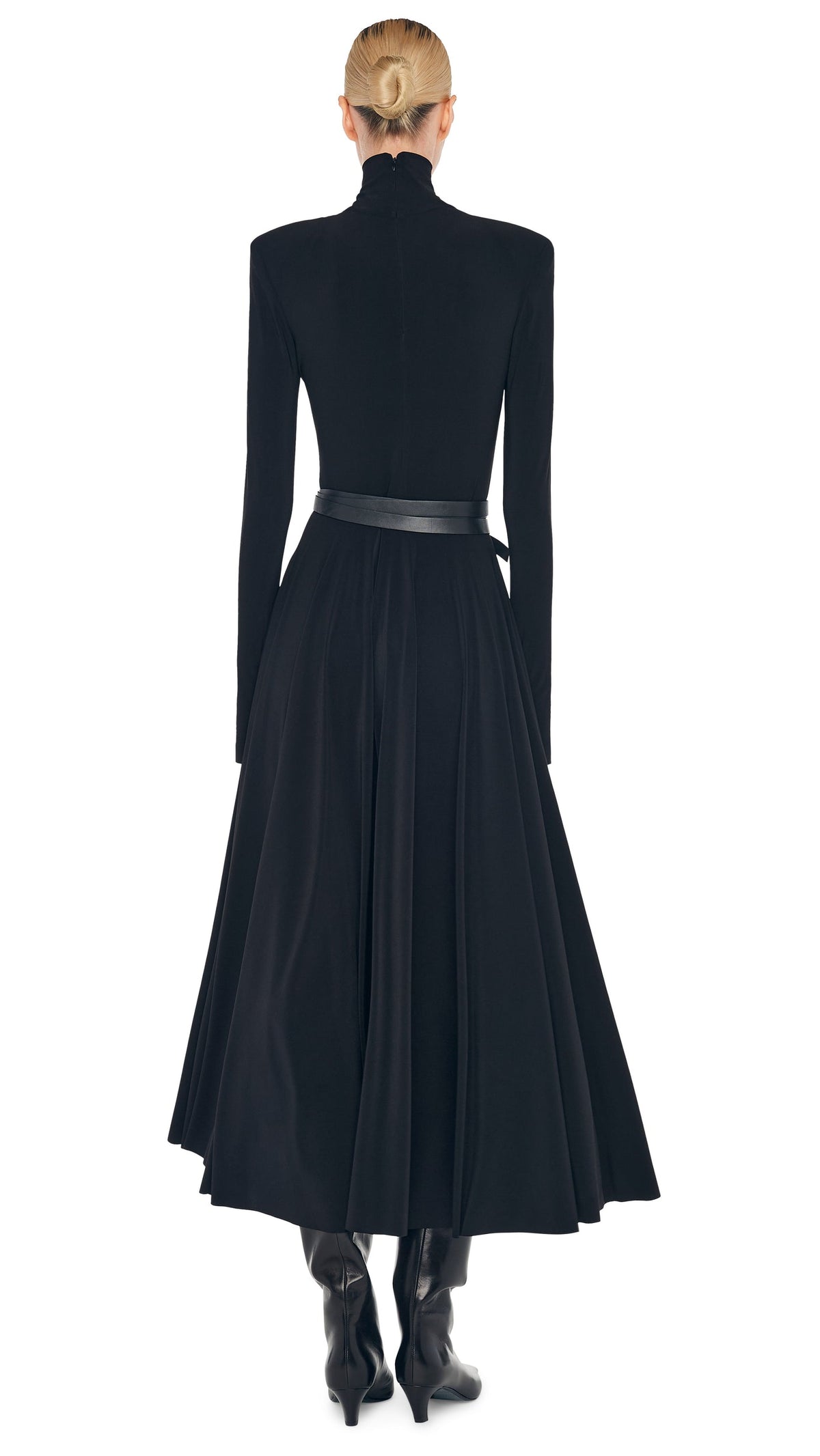 LS SHOULDER PAD TURTLE FLARED DRESS Black | Norma Kamali Women