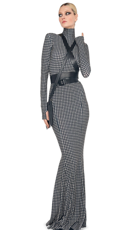 LONG SLEEVE TURTLE FISHTAIL GOWN Large Houndstooth | Norma Kamali Women